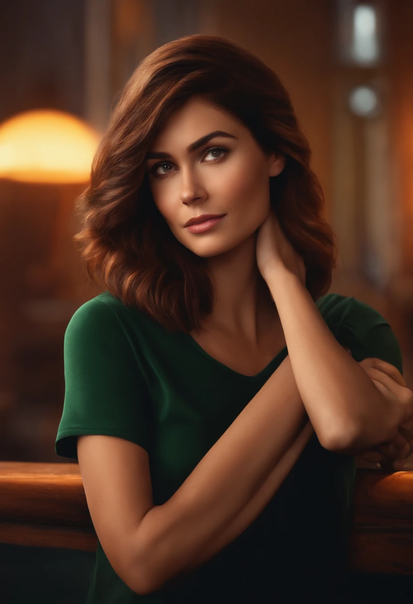 filme Marketing 2023 estilo filmes Pixar, Com nome "N - Marketing", poster, With short, lighter brunette hair and a black t-shirt in front of her crossed arms.