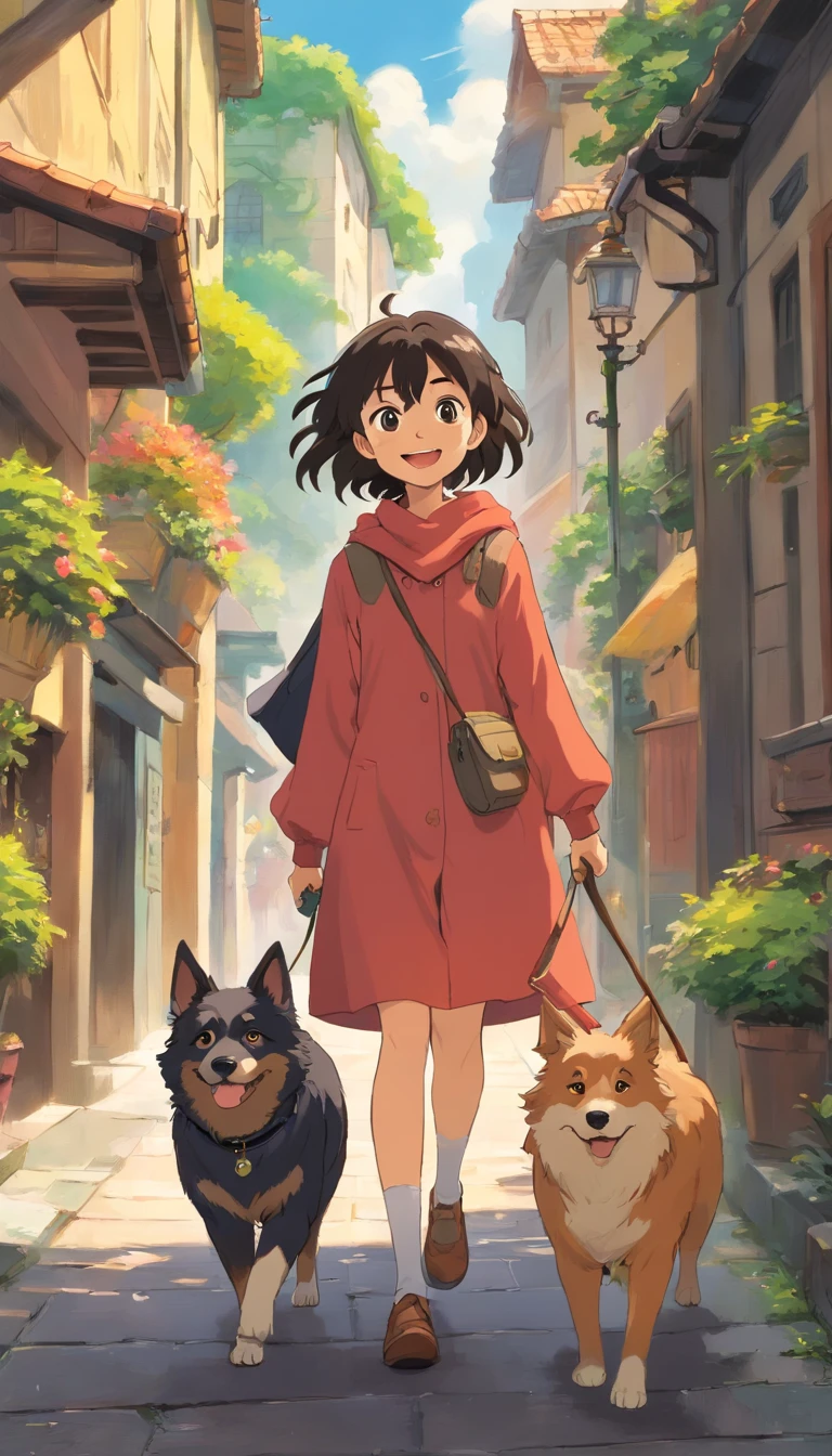 Ana and John are walking down the street with two dogs. Ana tem cabelos cacheados castanho. John tem cabelo preto liso. The two dogs Loki and Luna are adults and all black of the Border Collie breed. Um dos cachorro tem a ponta do rabo branca. Eles tem coleira com o seus nomes. They're happy.