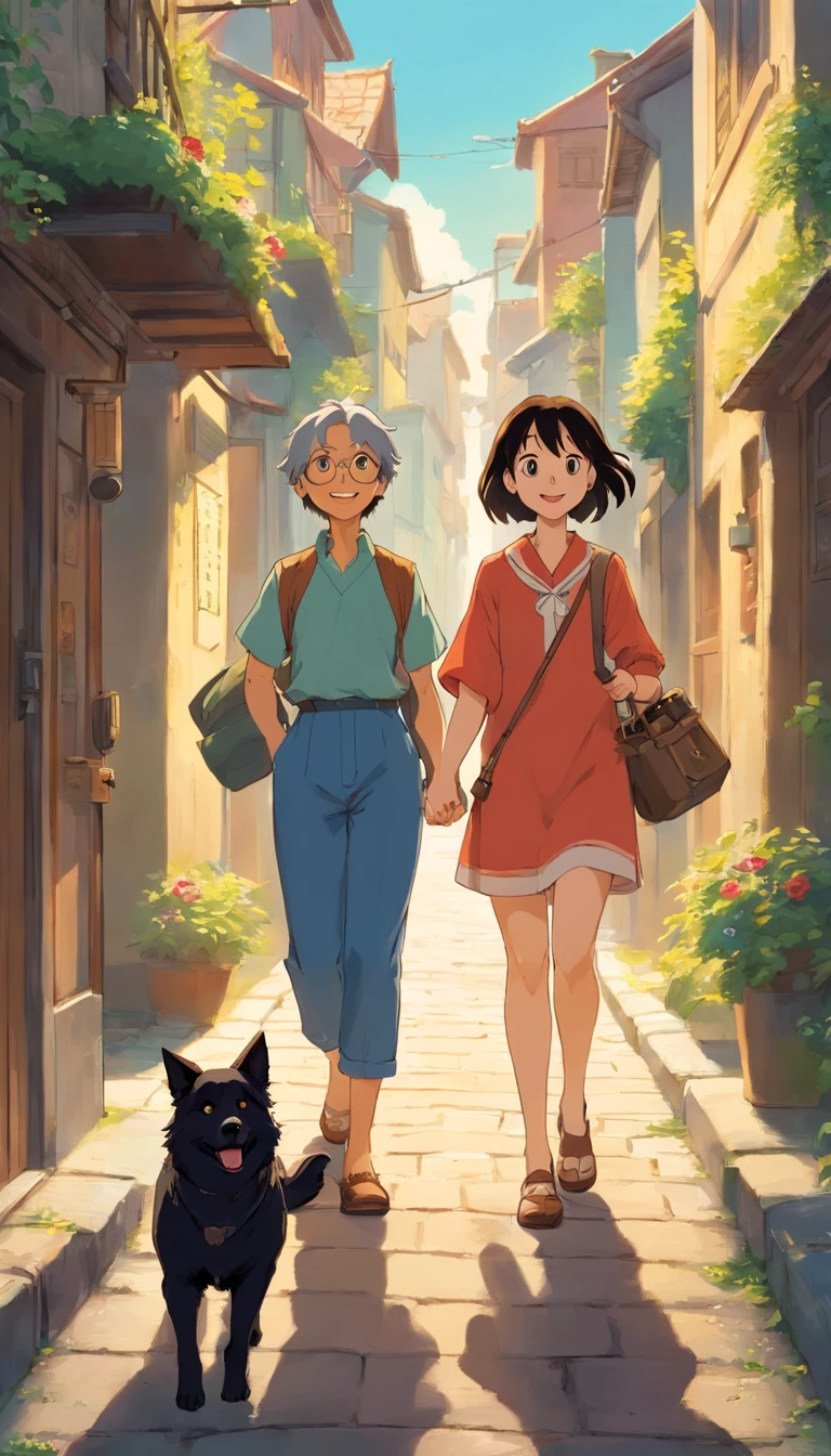 Ana and John are walking down the street with two dogs. Ana tem cabelos cacheados castanho. John tem cabelo preto liso. The two dogs Loki and Luna are adults and all black of the Border Collie breed. Um dos cachorro tem a ponta do rabo branca. Eles tem coleira com o seus nomes. They're happy.
