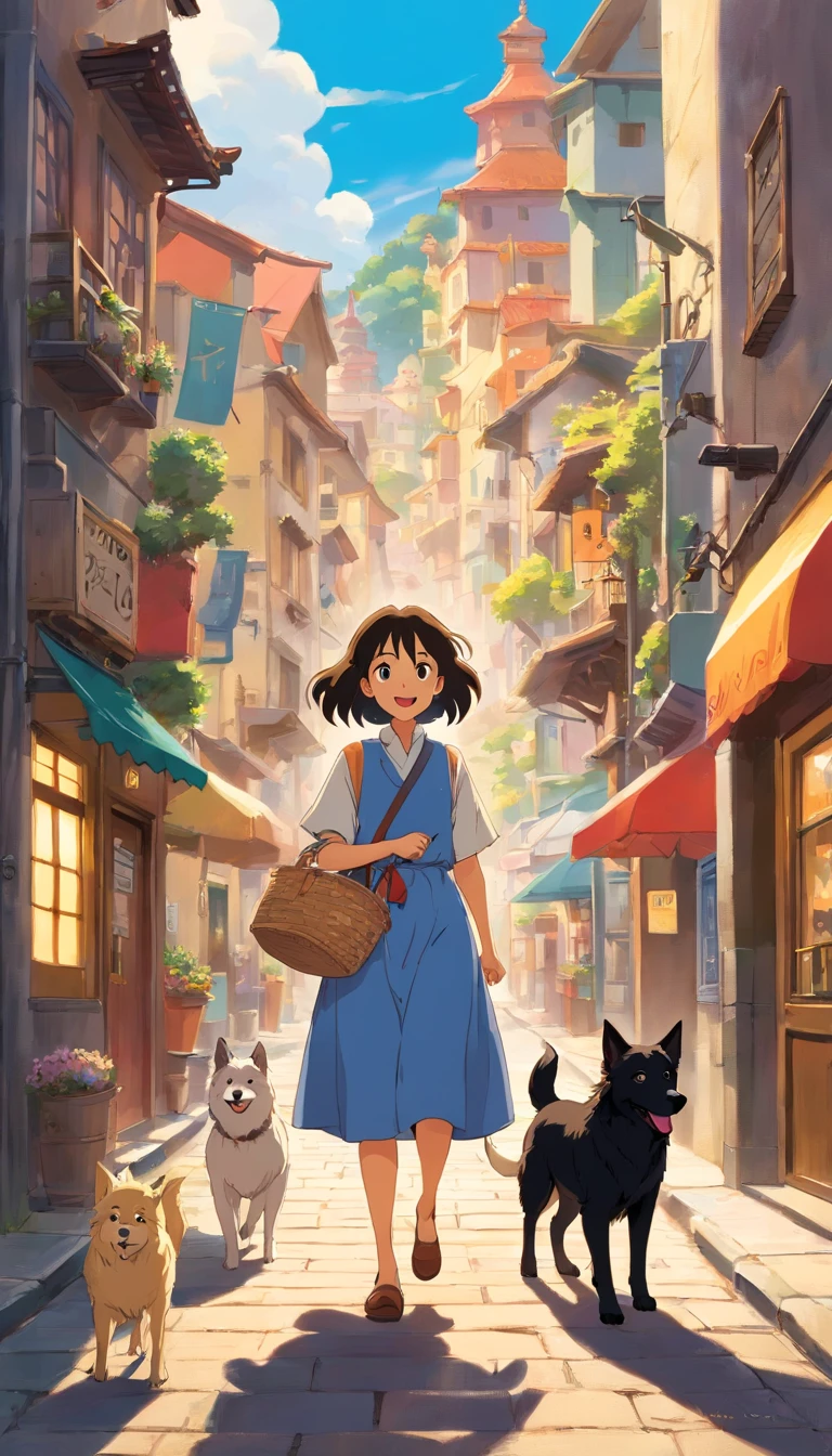 Ana and John are walking down the street with two dogs. Ana tem cabelos cacheados castanho. John tem cabelo preto liso. The two dogs Loki and Luna are adults and all black of the Border Collie breed. Um dos cachorro tem a ponta do rabo branca. Eles tem coleira com o seus nomes. They're happy.