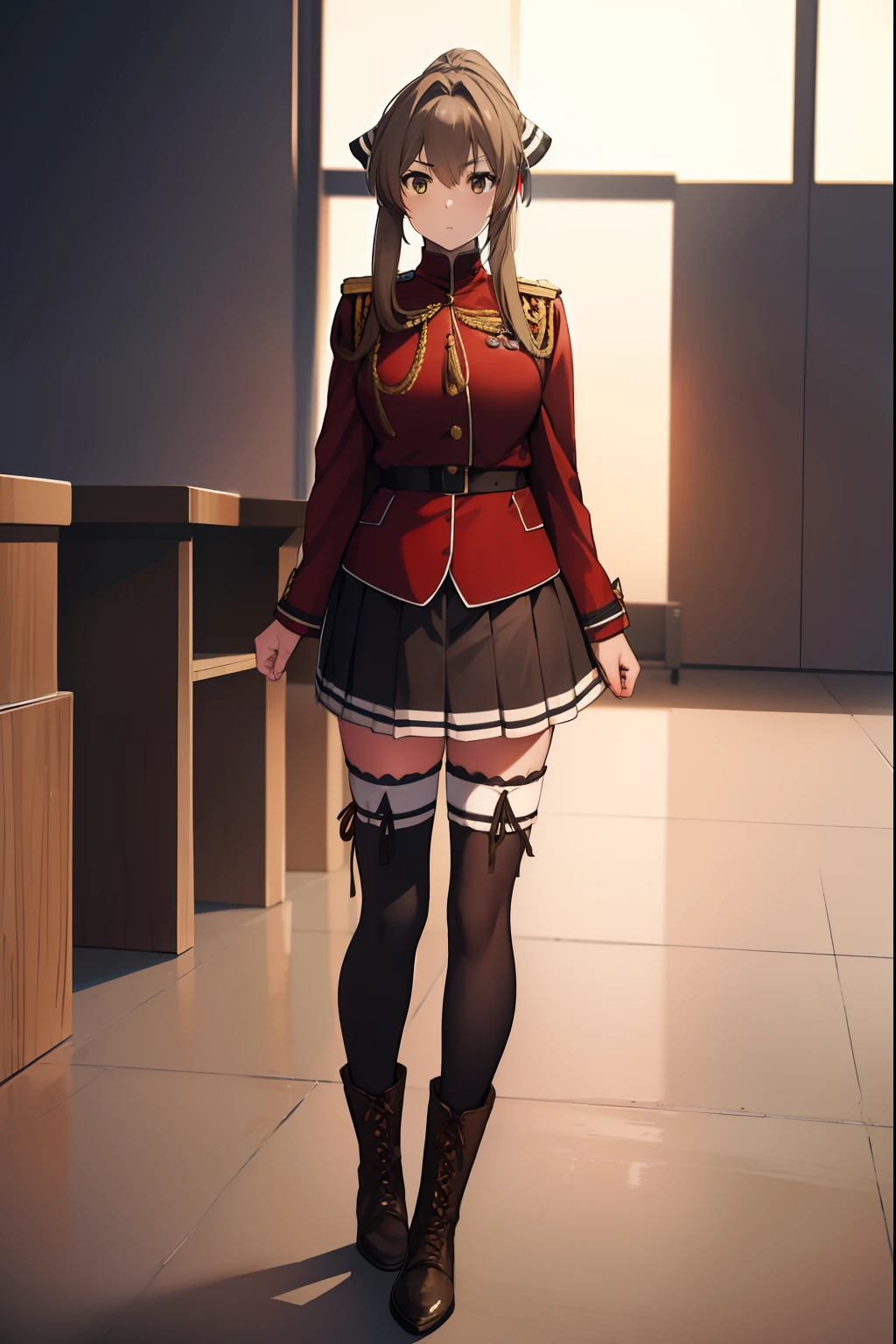 isuzusento, isuzu sento, ahoge, (brown eyes:1.7), light brown hair, long hair, ponytail, hair ribbon, ribbon, (medium breast:1.2),
BREAK aiguillette, ankle boots, black ribbon, black skirt, boots, brown footwear, cross-laced footwear, frilled skirt, frills, jacket, lace-up boots, military, military uniform, pleated skirt, (red jacket:1.5), skirt, thighhighs, uniform, white thighhighs, white ribbon, buttons, sleeveless,
BREAK looking at viewer,
BREAK indoors, classroom,
BREAK (masterpiece:1.2), best quality, high resolution, unity 8k wallpaper, (illustration:0.8), (beautiful detailed eyes:1.6), extremely detailed face, perfect lighting, extremely detailed CG, (perfect hands, perfect anatomy),