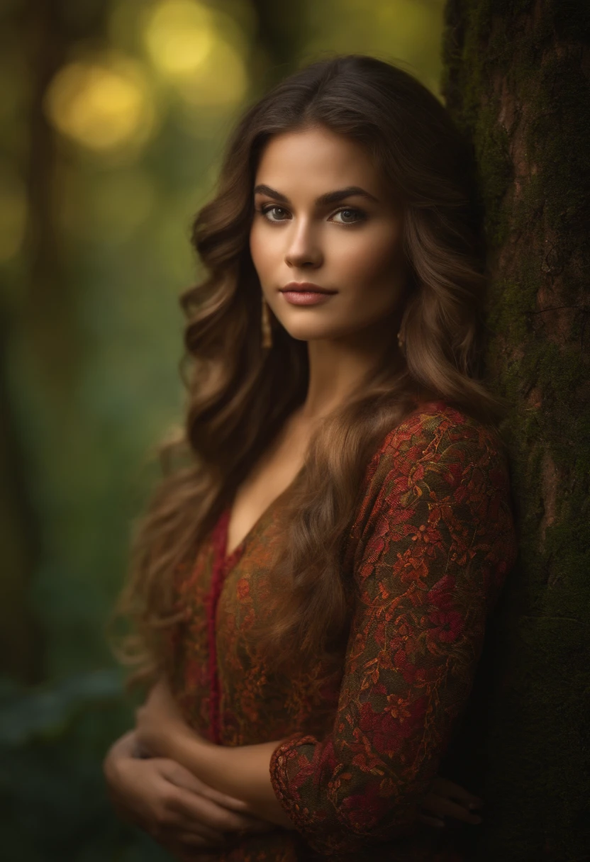 retrato mujer joven, realista, muy detallado, bosque