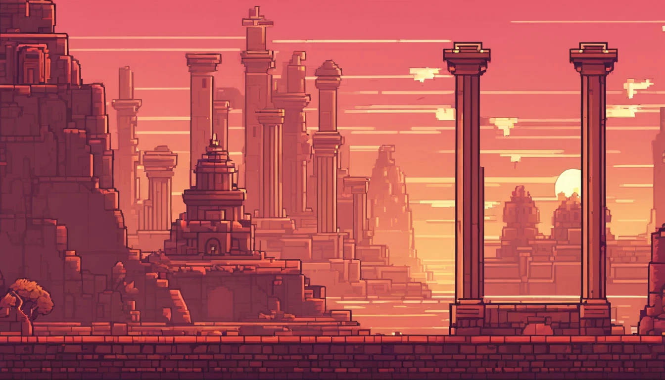 a close up of a video game with a tower and a man, ancient ruins background, neon ancient ruins, detailed game art, city ruins background, background is the ruins, 2 d game art, 2d game art, ultra detailed game art, background art, dungeon background, 2 d game art background, ancient ruins, temple background, detailed pixel artwork, background artwork, Tiny Hieroglyphs