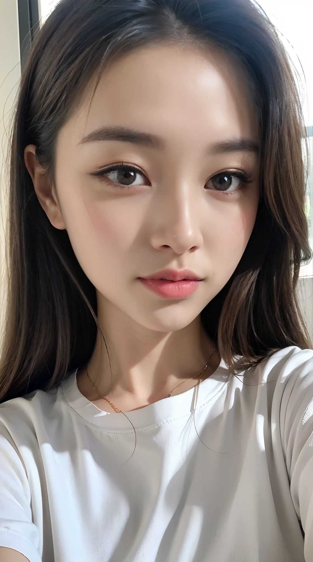 32k、top-quality、masterpiece、realisitic、The ultra-detailliert、a picture、HDR、Row photo、hight resolution、absurderes、Smooth light、Official Art、depth of fields、brightened light、Light brown highlight hair、Wavy hair in the middle
Close-up、slender、finerly detailed face、smil、beautiful finely detailed eyes、19-year-old Korean、spotless、Authentic textured skin of the highest quality、
tshirts、
