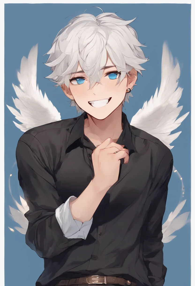chibi boy white hair, blue eyes, black shirt, laughing hard hands on belly , transparent background