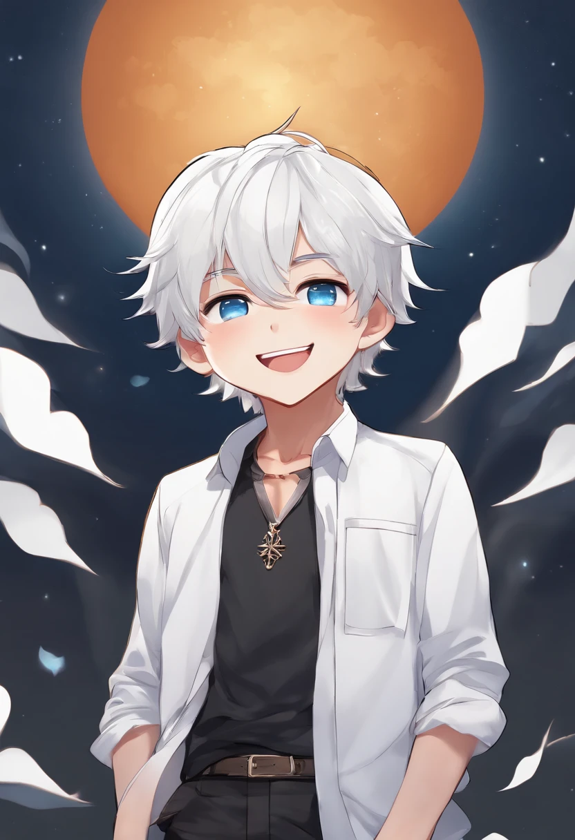 chibi boy white hair, blue eyes, black shirt, laughing hard hands on belly , transparent background