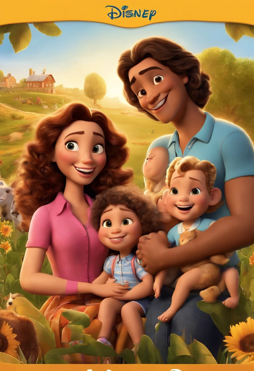 a Disney and pixar movie poster of a family The mother has hair with many highlights, skin color is white, with leopard print long-sleeved blouse and jeans, o pai tem cabelos brancos, a cor da pele e do branco, usa uma blusa xadrez de manga comprida, jeans e uma bota, A filha tem cabelos castanhos, olhos castanhos, wears a beautiful hot pink dress and a tennis background on the farm Title: The Happiest Family 3D Rendering