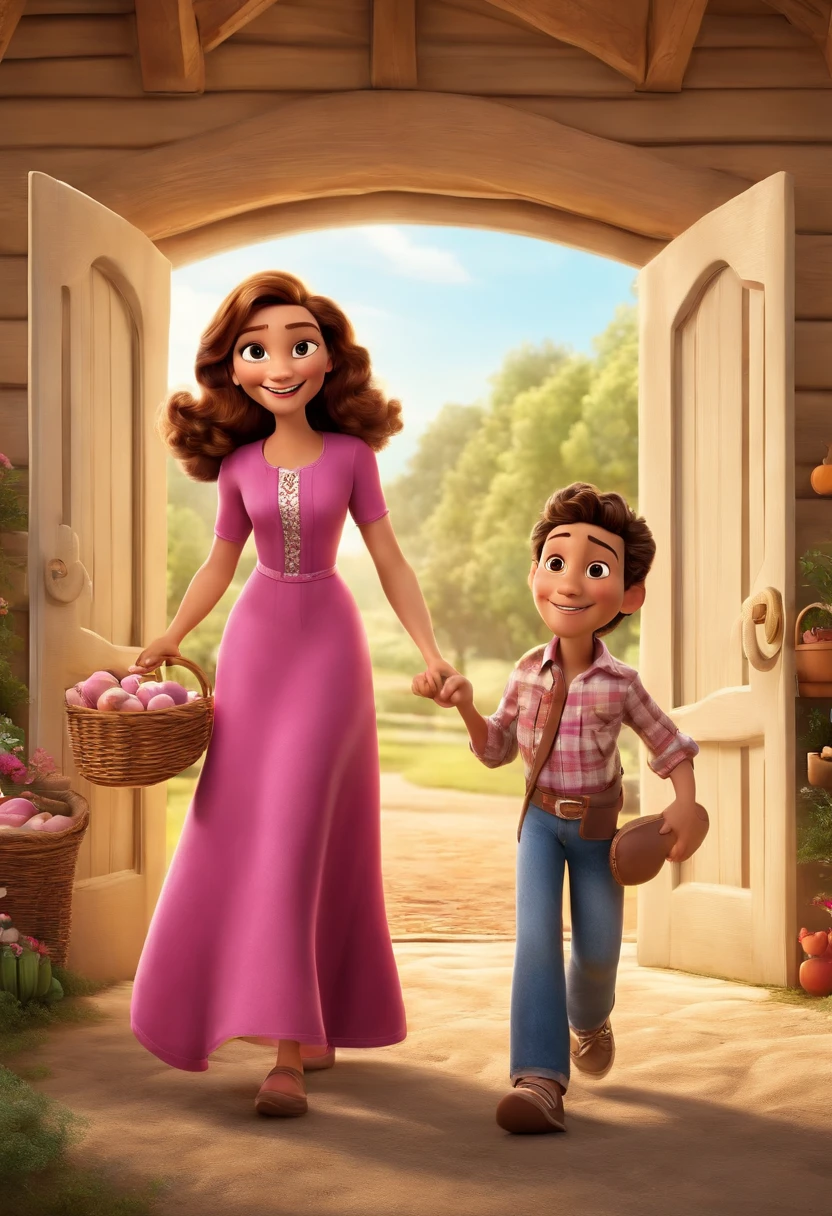 a Disney and pixar movie poster of a family The mother has hair with many highlights, skin color is white, with leopard print long-sleeved blouse and jeans, o pai tem cabelos brancos, a cor da pele e do branco, usa uma blusa xadrez de manga comprida, jeans e uma bota, A filha tem cabelos castanhos, olhos castanhos, wears a beautiful hot pink dress and a tennis background on the farm Title: The Happiest Family 3D Rendering
