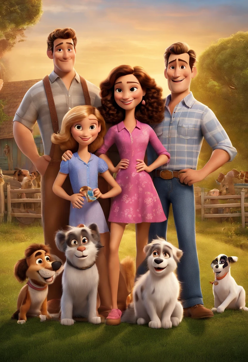 a Disney and pixar movie poster of a family The mother has hair with many highlights, skin color is white, with leopard print long-sleeved blouse and jeans, o pai tem cabelos brancos, a cor da pele e do branco, usa uma blusa xadrez de manga comprida, jeans e uma bota, A filha tem cabelos castanhos, olhos castanhos, wears a beautiful hot pink dress and a tennis background on the farm Title: The Happiest Family 3D Rendering