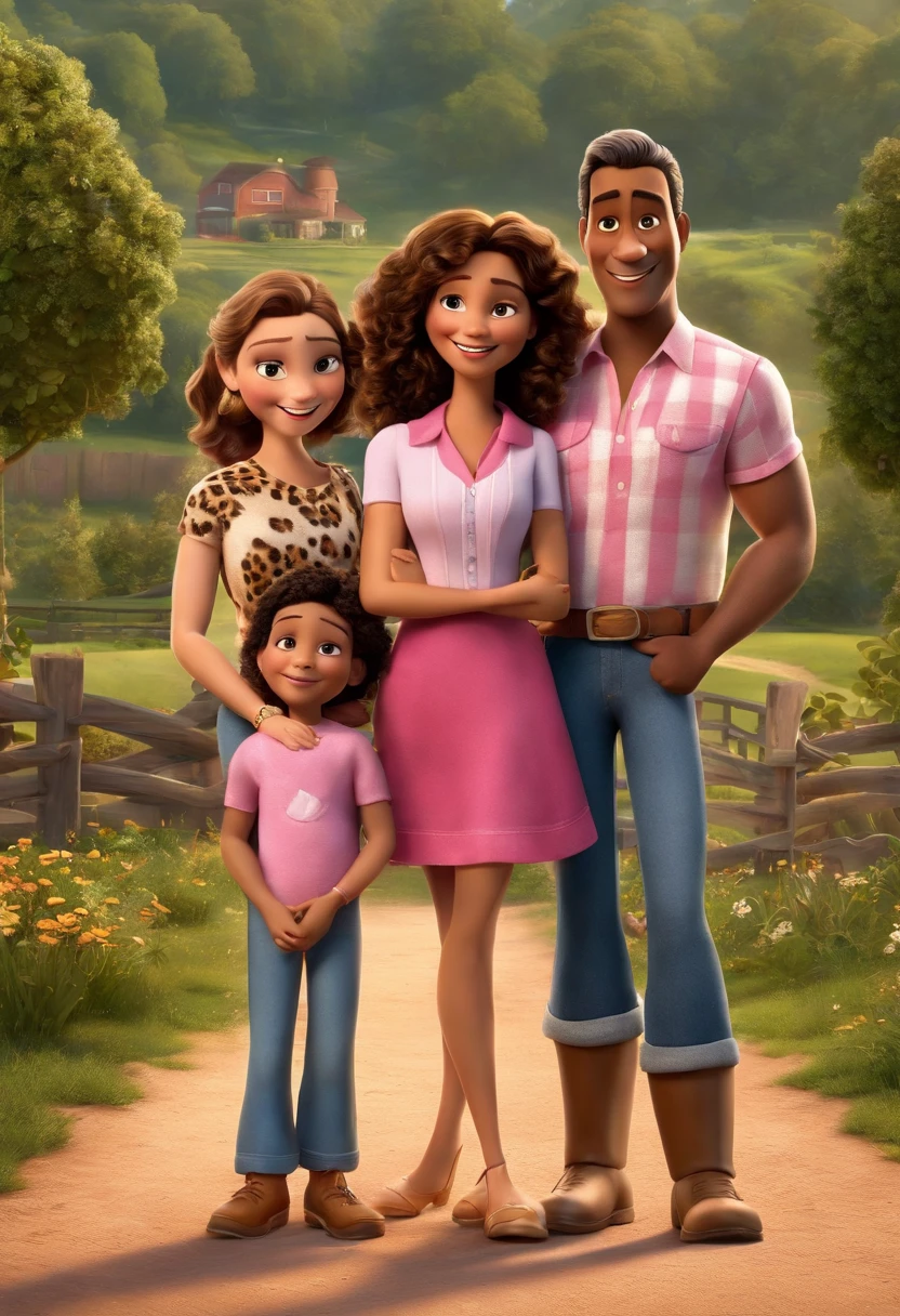 a Disney and pixar movie poster of a family The mother has hair with many highlights, skin color is white, with leopard print long-sleeved blouse and jeans, o pai tem cabelos brancos, a cor da pele e do branco, usa uma blusa xadrez de manga comprida, jeans e uma bota, A filha tem cabelos castanhos, olhos castanhos, wears a beautiful hot pink dress and a tennis background on the farm Title: The Happiest Family 3D Rendering