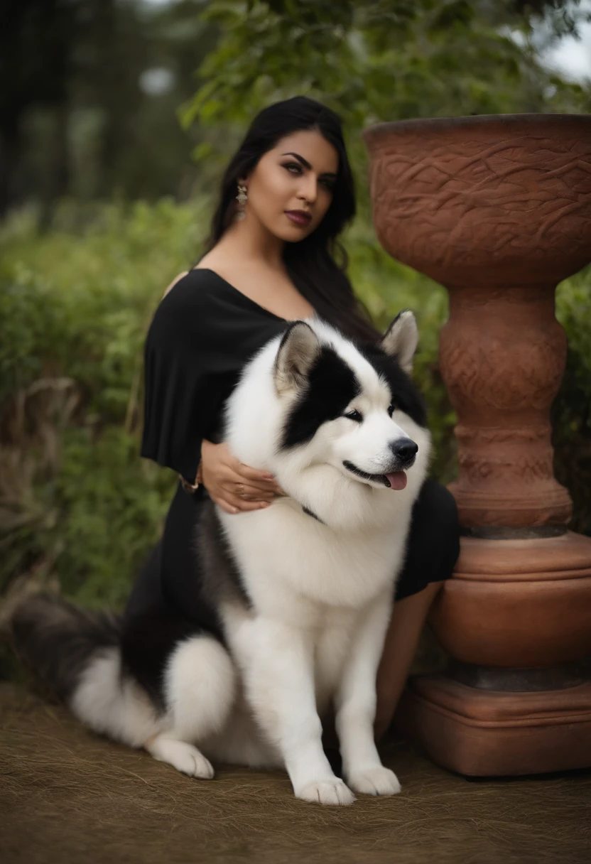 homem branco cabelo preto e curto forte com seu cachorro akita inu, uma mulher 1,50m long hair pregnant brazilian