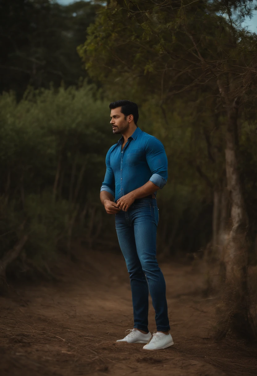Black Hair Man in Jeans and Blue Shirt, segurando um Drone asa-fixa num campo aberto