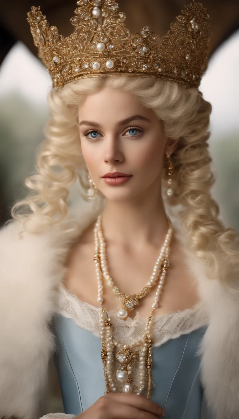 magem de um menino Valois, a young French courtesan of the sixteenth century of the fourteenth century, de anos, com sua beleza e charme. Blonde with white hair and beautiful expressive blue curly eyes with small strands and braids. She is dressed in an exquisite dress with white details with pearls and gold, com um decote profundo. Joias finas, colar com muitas perolas e safiras, brincos de perolas e aneis nos dedos. (melhor qualidade,ultra-realistic:1.2),A high resolution ,ultra-detalhado,