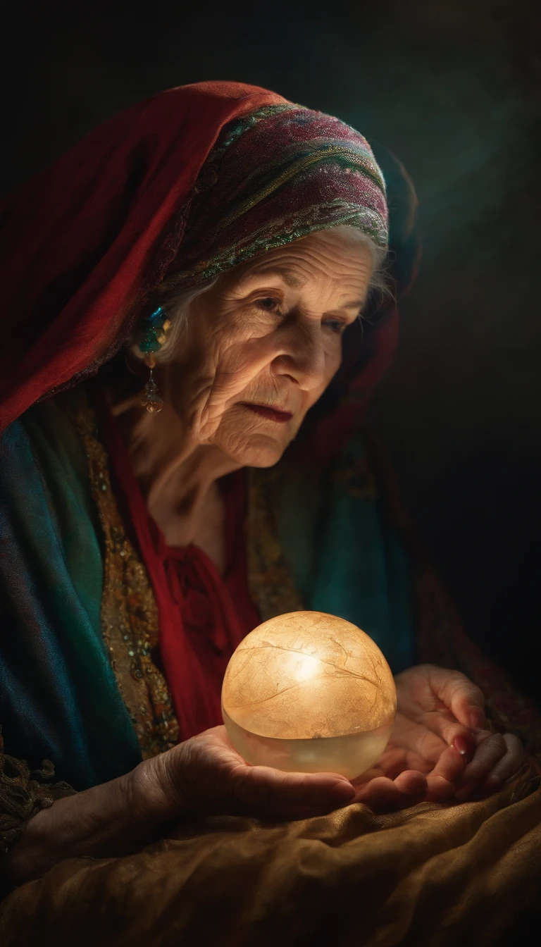 Old woman with crystal ball and cloth on her head, looking forward