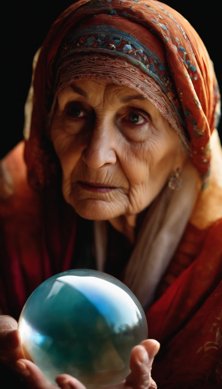 Old woman with crystal ball and cloth on her head, looking forward