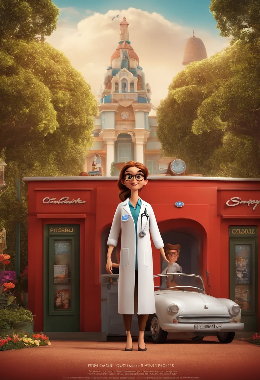 create a 3D movie poster inspired by Disney Pixar, The scene should be in Pixar's signature digital art style, com uma imagem caricata de uma mulher branca com cabelos loiros e lisos, Red glasses, Medium Size, cor marrom claro, Wearing a lab coat at the doctor's office