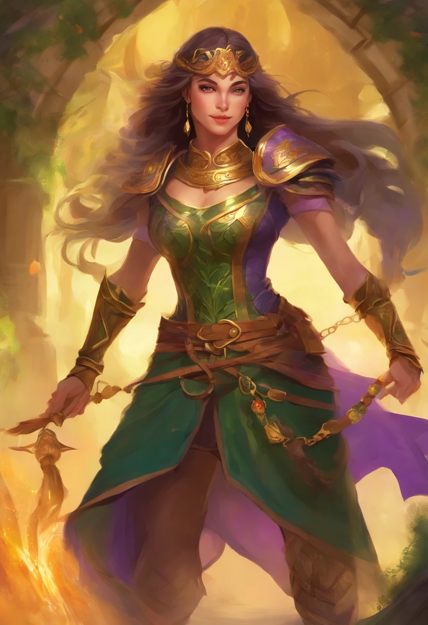 portraite of a, A girl, European Medieval Armor Dark Green, Around the neck is a transparent purple scarf, Her brown hair is tied up in two buns on top of her head, violet eyes, Eye makeup lined with red, On the ears are gold earrings without stones, There is a pouch on the belt, Smiling, Jungle Fighter, D&D, The pose casts a spell from the right hand in it is a golden haze