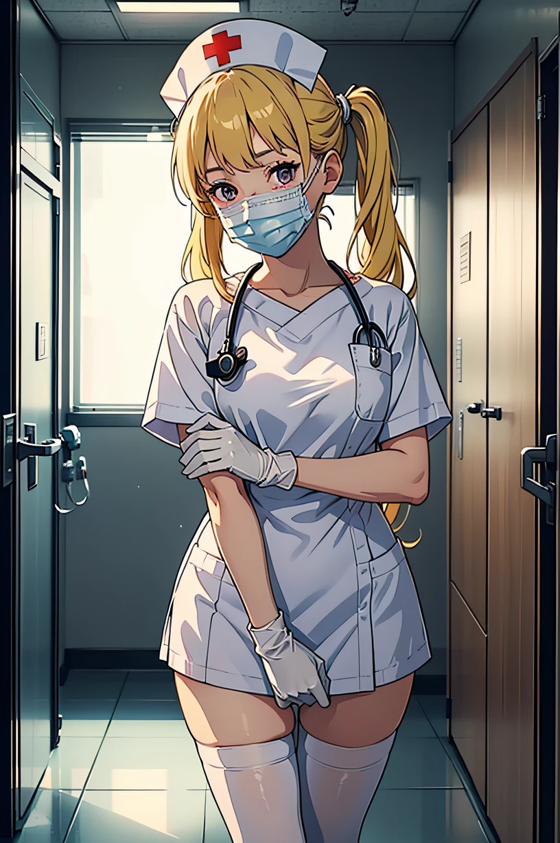 1girl, solo, nurse, nurse cap, white wear, ((white legwear, zettai ryouiki)), white gloves, twintails, yellow hair, purple eyes, ((white surgical mask, covered nose)), standing, ((hospital room)), sharp outline, short sleeves, best quality, masterpiece