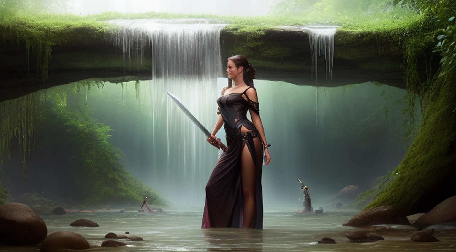 lady of the lake, a fey woman partially submerged, arms outstretched (((holding Excaliber sword horizontaly))), water dripping off of clothes, flowing gossamer clothing, enchanting,artstation,smooth, sharp focus,art by ross tran and greg rutkowski and alphonse Mucha and Bak Karol, (digital painting:1.16), soft lighting, CGSociety,ArtStation,(__Hyperrealism:1.3),(__Photorealism:1.3),(Land Art:1.3),(CMYK Colors:0.5),naturalism,land Art,regionalism,shutterstock contest winner,trending on unsplash,featured on Flickr