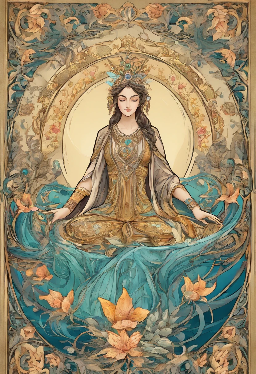(best quality,4k,8k,Altas,master part:1.2),ultra-detalhado,(Realistic,fotorrealista,photo-realistic:1.37),Tarot card,Rainha de Copas,illustration,textura rica,vivid colors,Ambiente misterioso,Detailed patterns and symbols,energia feminina,water element,serene expression,Destaques dourados,Geometria Sagrada,Fundo exuberante do jardim,noite de luar,soft lighting,tons profundos de azul,Soothing water ripples,estilo de arte tradicional,tons vibrantes da joia,delicados motivos florais,fluttering dress,coroa real,copo cristalino,divination,Spiritual Intuition,profundidade emocional,Symbolic interpretation,pernas cruzadas,postura graciosa,Peaceful aura,Transcendental experience.