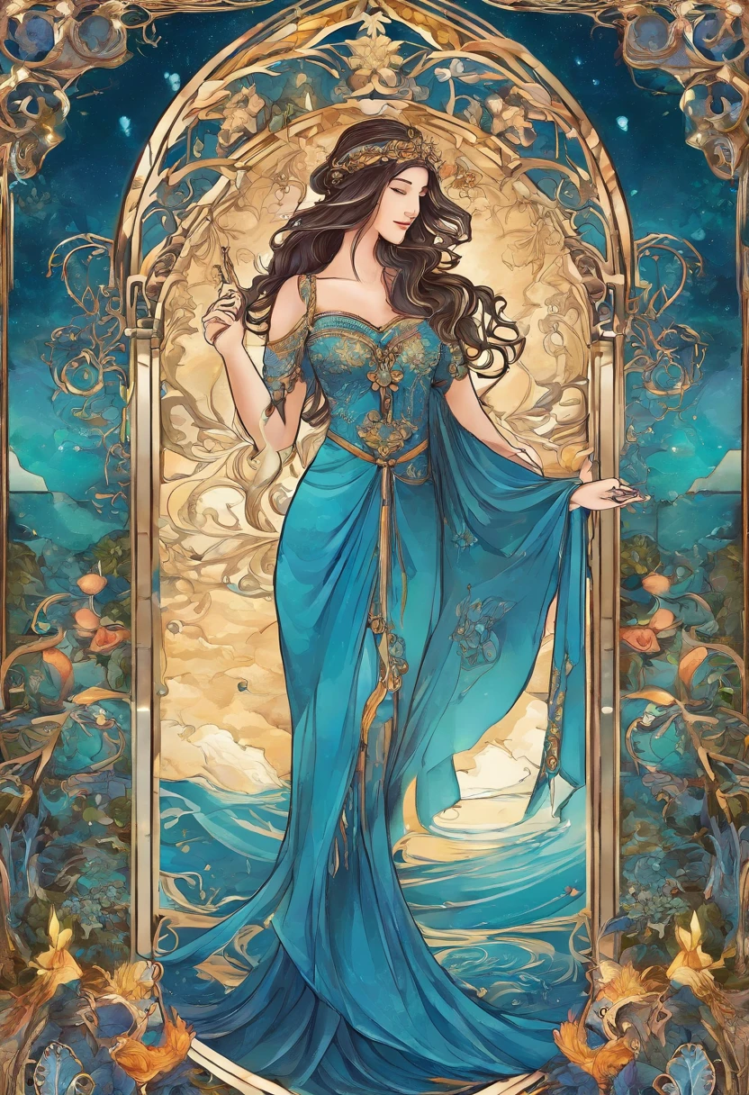 (best quality,4k,8k,Altas,master part:1.2),ultra-detalhado,(Realistic,fotorrealista,photo-realistic:1.37),Tarot card,Rainha de Copas,illustration,textura rica,vivid colors,Ambiente misterioso,Detailed patterns and symbols,energia feminina,water element,serene expression,Destaques dourados,Geometria Sagrada,Fundo exuberante do jardim,noite de luar,soft lighting,tons profundos de azul,Soothing water ripples,estilo de arte tradicional,tons vibrantes da joia,delicados motivos florais,fluttering dress,coroa real,copo cristalino,divination,Spiritual Intuition,profundidade emocional,Symbolic interpretation,pernas cruzadas,postura graciosa,Peaceful aura,Transcendental experience.