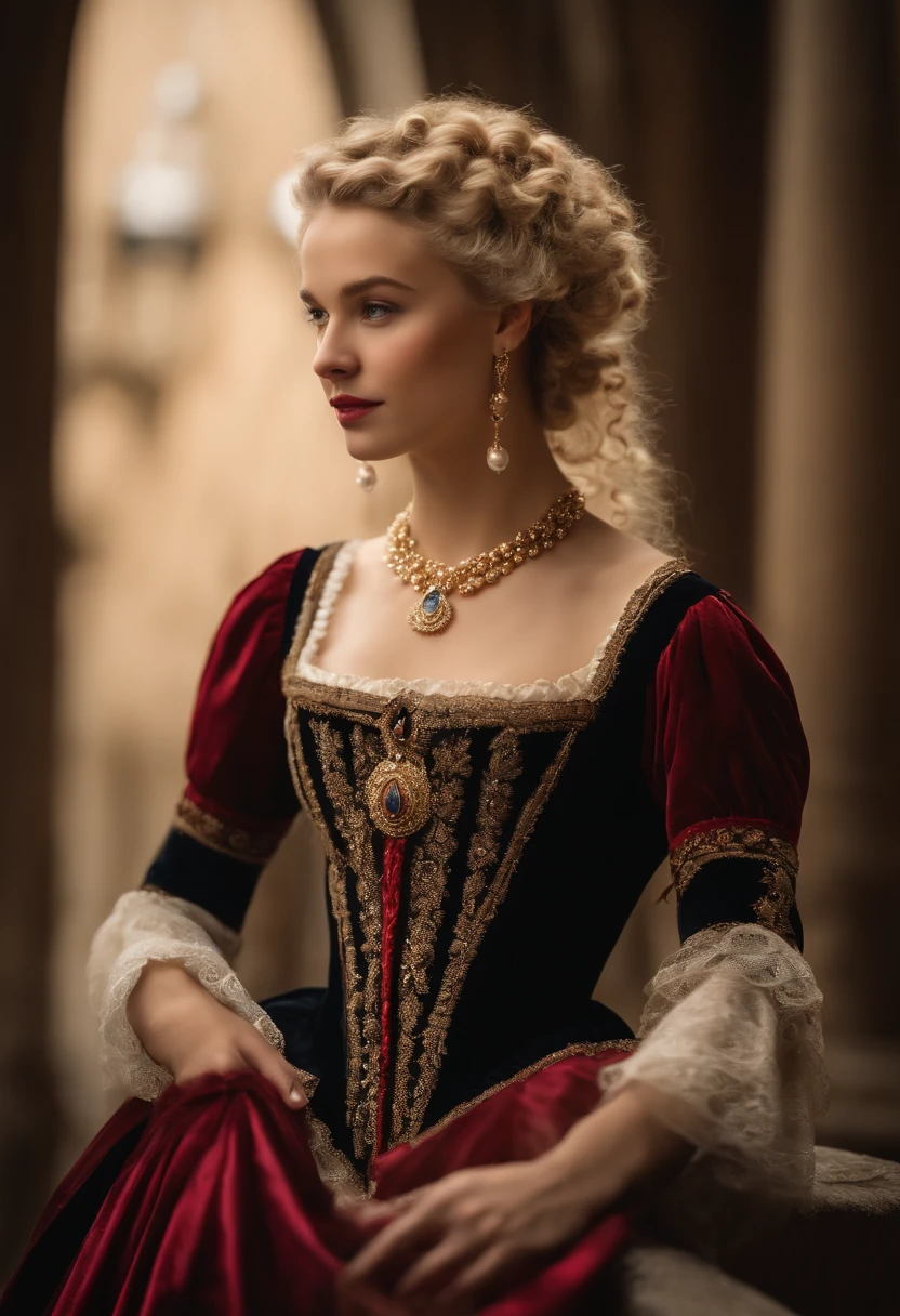 Imagem de um menino Valois, a young French courtesan of the sixteenth century of the fourteenth century, de  anos, com sua beleza e charme . Blonde with white hair and beautiful expressive blue curly eyes with small strands and braids. She is dressed in an exquisite black dress with red details with pearls and gold, com um decote mergulhante. Joias finas, colar com muitas perolas e rubis, brincos de perolas e aneis em seus dedos. (melhor qualidade,ultra-realistic:1.2),A high resolution ,ultra-detalhado,