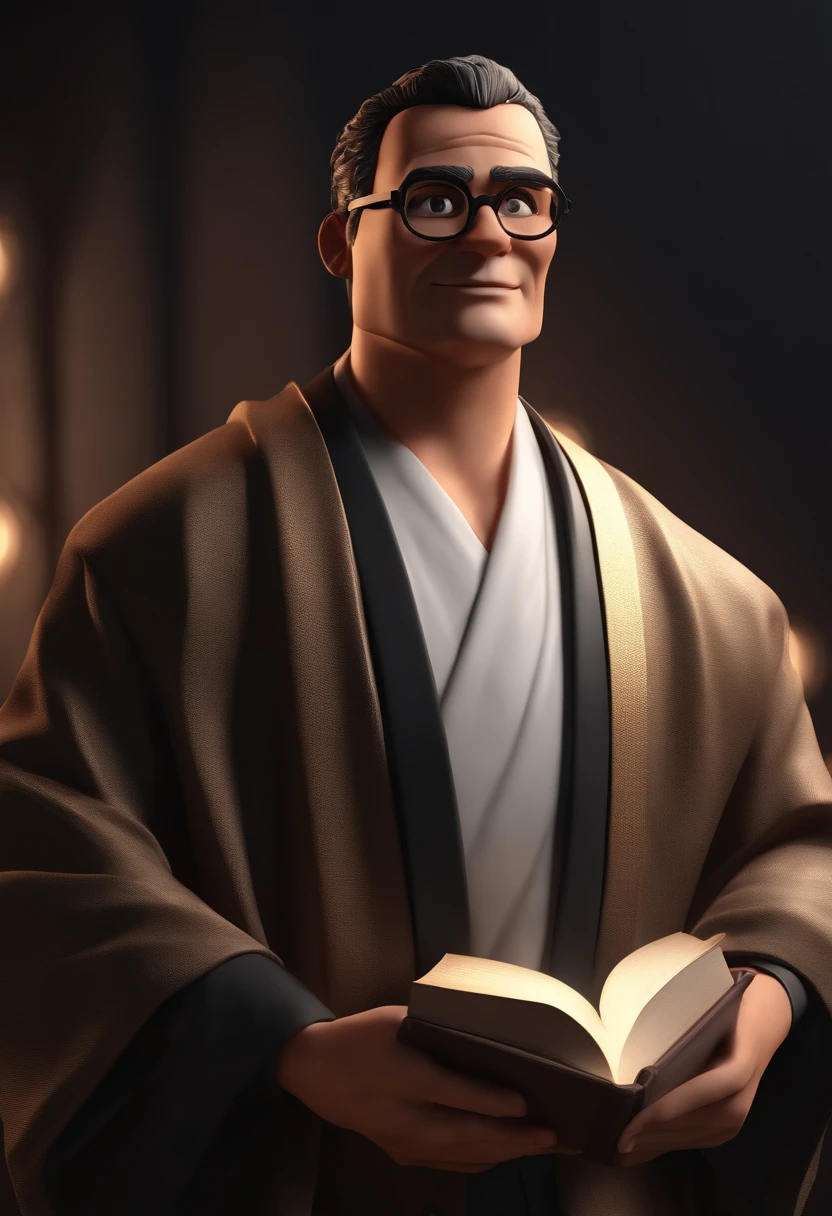 Cartoon character of a man with black glasses, cabelo liso marrom escuro e um kimono preto de jiu-jitsu faixa preta, with the Bible in His hand , animation character, Caractere estilizado, animation style rendering, 3D estilizado, Arnold Maya render, 3 d render stylized, toon render keyshot, Personagem 3D, Personagem 3D, 3d rendering stylized, 3 d character render, personagem de desenho animado, Personagem de close up, Pose de personagem, (Estilo Pixar) (master part:1.2) (Bokeh) (best quality) (pele detalhada) (textura detalhada) (8k) (argila) (Cinematic lighting) (foco nítido