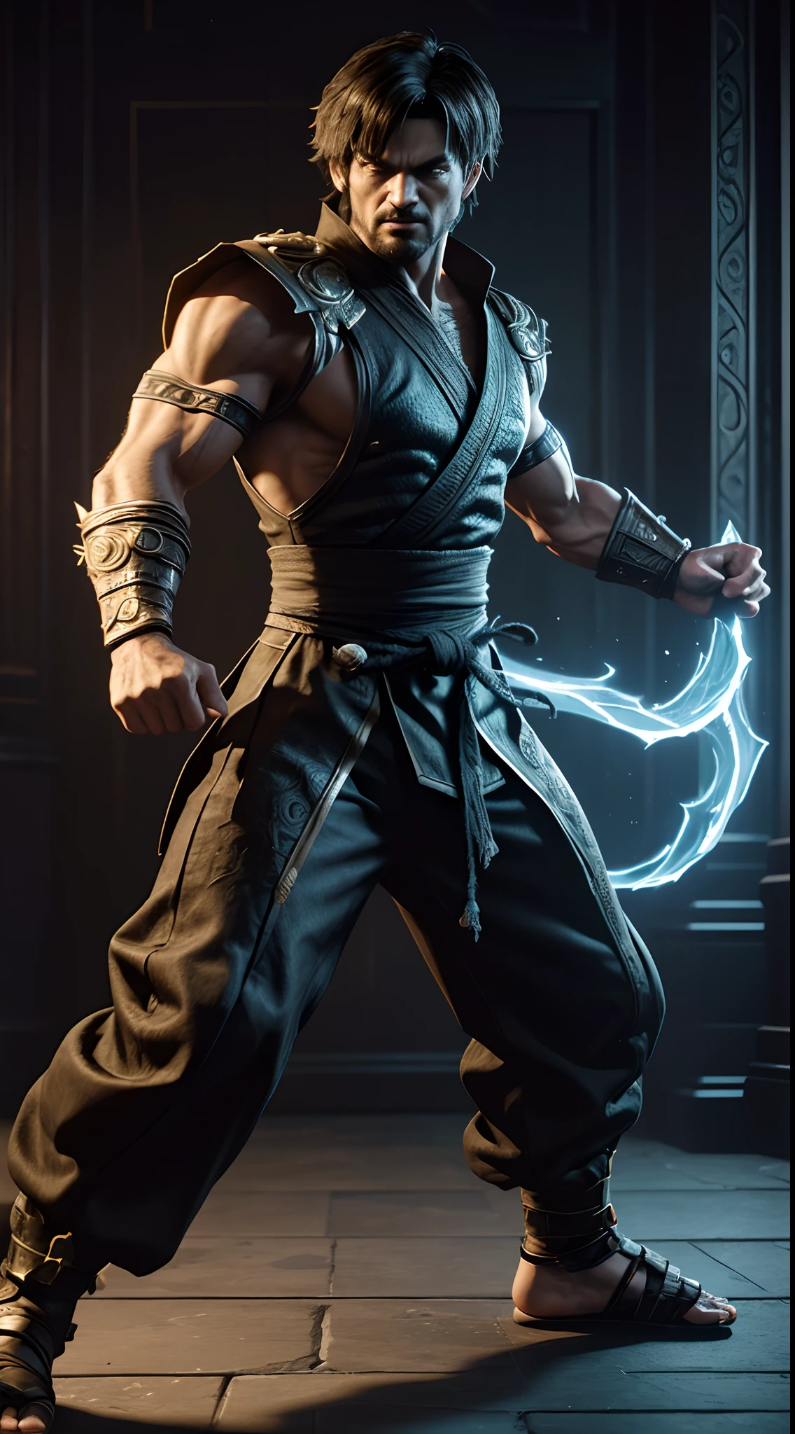 detailed symmetric, 3D rendering, sf, masterpiece of intricate art, epic, cinematic, high detail, highly detailed, Mortal Kombat 11-style character, shaggy appearance with martial arts stance, dramatic lighting, intense action, art style: MK11 shaggy fighter