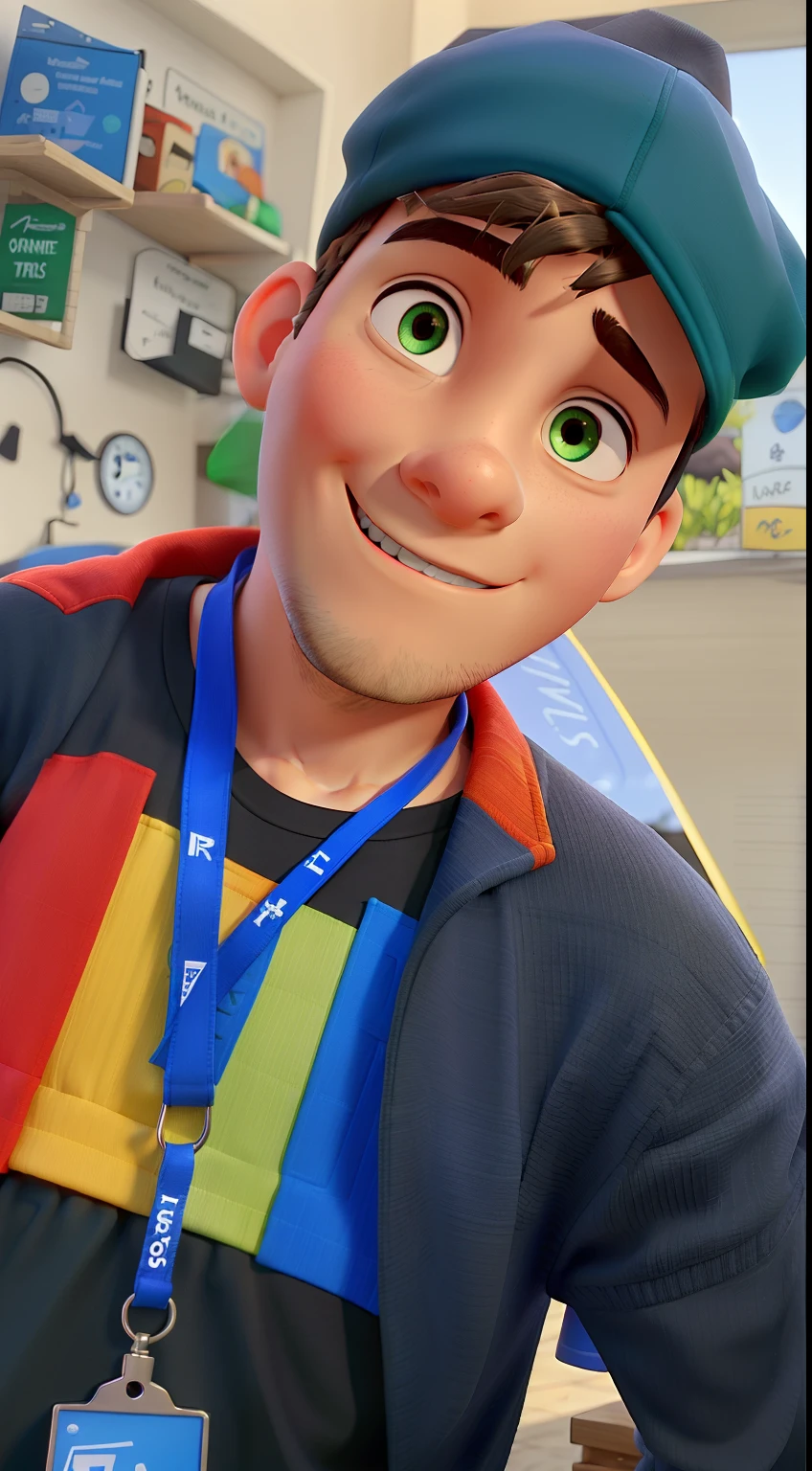um jovem bonito, olhos castanhos escuro, feliz, cabelo castanho escuro cacheado, wearing a black cap on his head, vestindo uma camiseta preta com uma estampa em vermelho amarelo verde e azul com uma camisa social preta com bolhinhas por cima, a blue lanyard badge hanging from his neck, iluminado pela luz natural