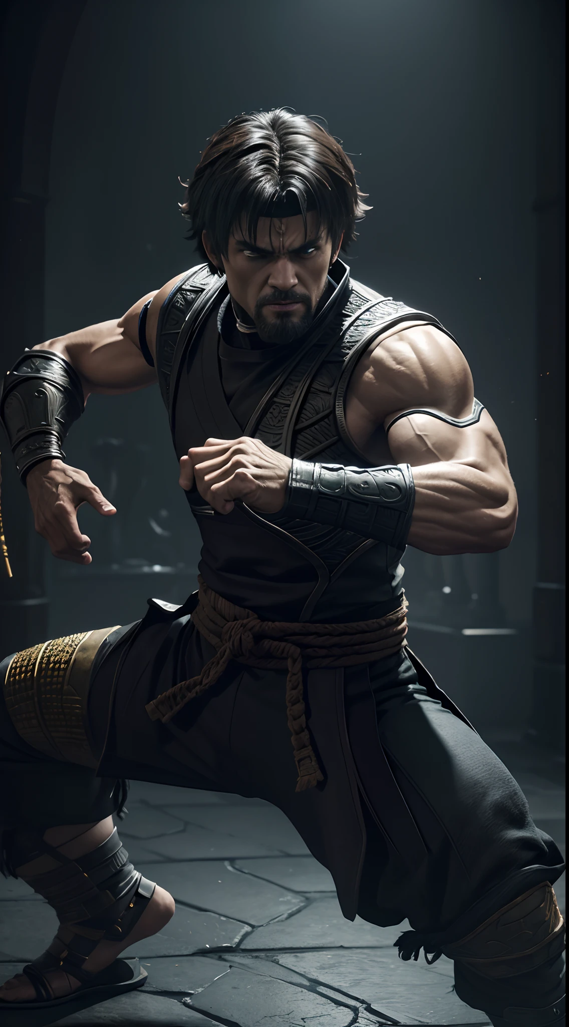 detailed symmetric, 3D rendering, sf, masterpiece of intricate art, epic, cinematic, high detail, highly detailed, Mortal Kombat 11-style character, shaggy appearance with martial arts stance, dramatic lighting, intense action, art style: MK11 shaggy fighter