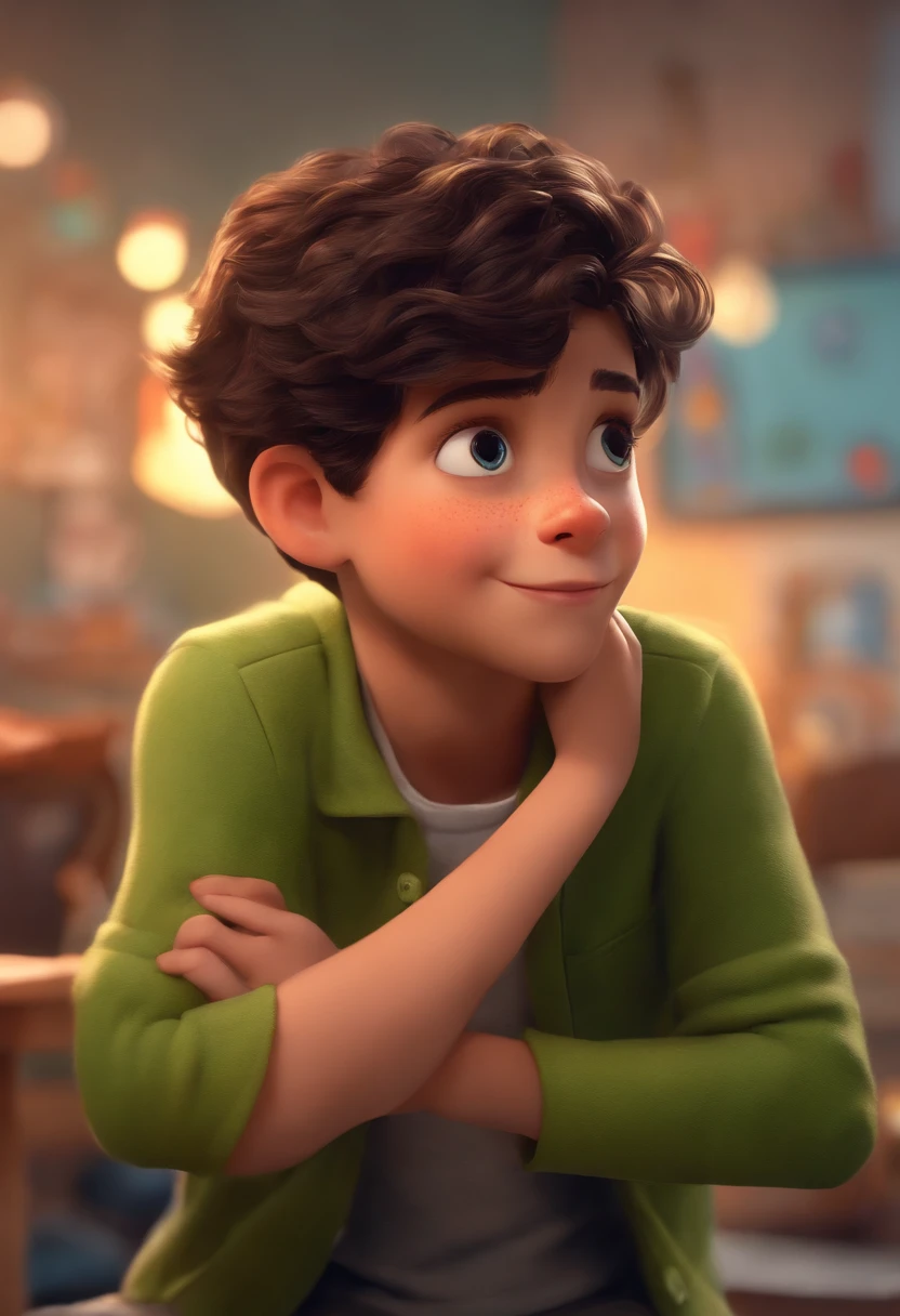 Image of a boy for a story in a YouTube video in Pixar format, He's the  allabester, He's the class leader, He's outgoing, Playful and gets up for a lot of things, cabelo curto