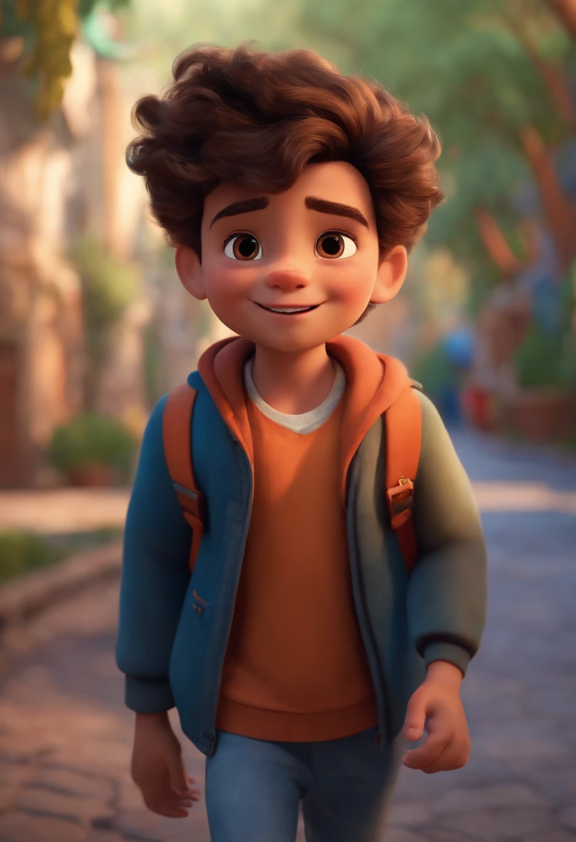 Image of a boy for a story in a YouTube video in Pixar format, He's the little allabester, He's the class leader, He's outgoing, Playful and gets up for a lot of things, cabelo curto