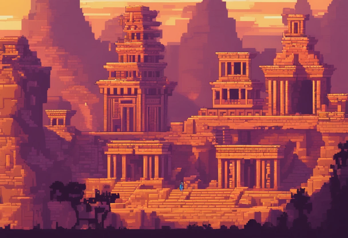 a close up of a video game with a tower and a man, ancient ruins background, neon ancient ruins, detailed game art, city ruins background, background is the ruins, 2 d game art, 2d game art, ultra detailed game art, background art, dungeon background, 2 d game art background, ancient ruins, temple background, detailed pixel artwork, background artwork, Tiny Hieroglyphs
