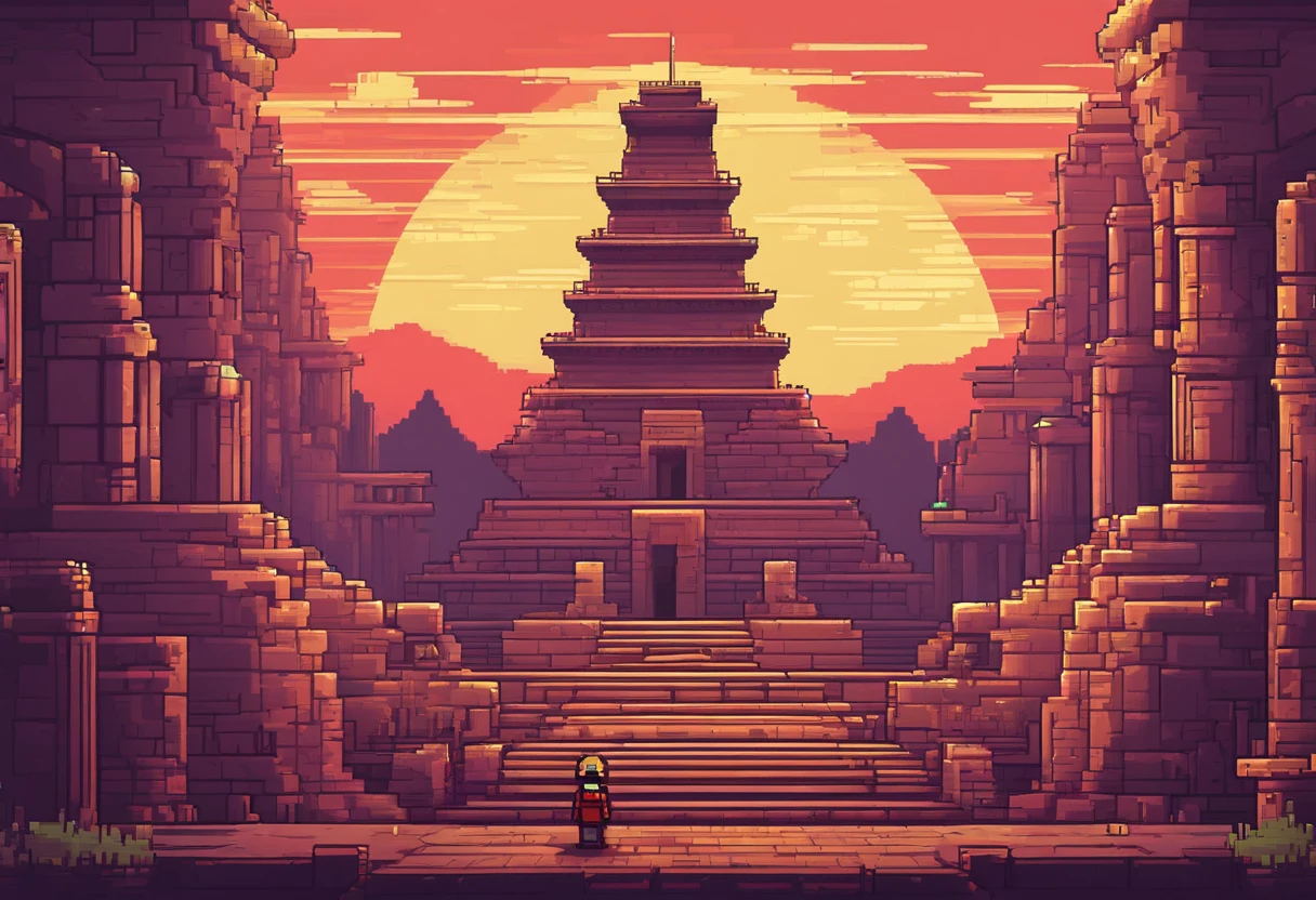 a close up of a video game with a tower and a man, ancient ruins background, neon ancient ruins, detailed game art, city ruins background, background is the ruins, 2 d game art, 2d game art, ultra detailed game art, background art, dungeon background, 2 d game art background, ancient ruins, temple background, detailed pixel artwork, background artwork, Tiny Hieroglyphs