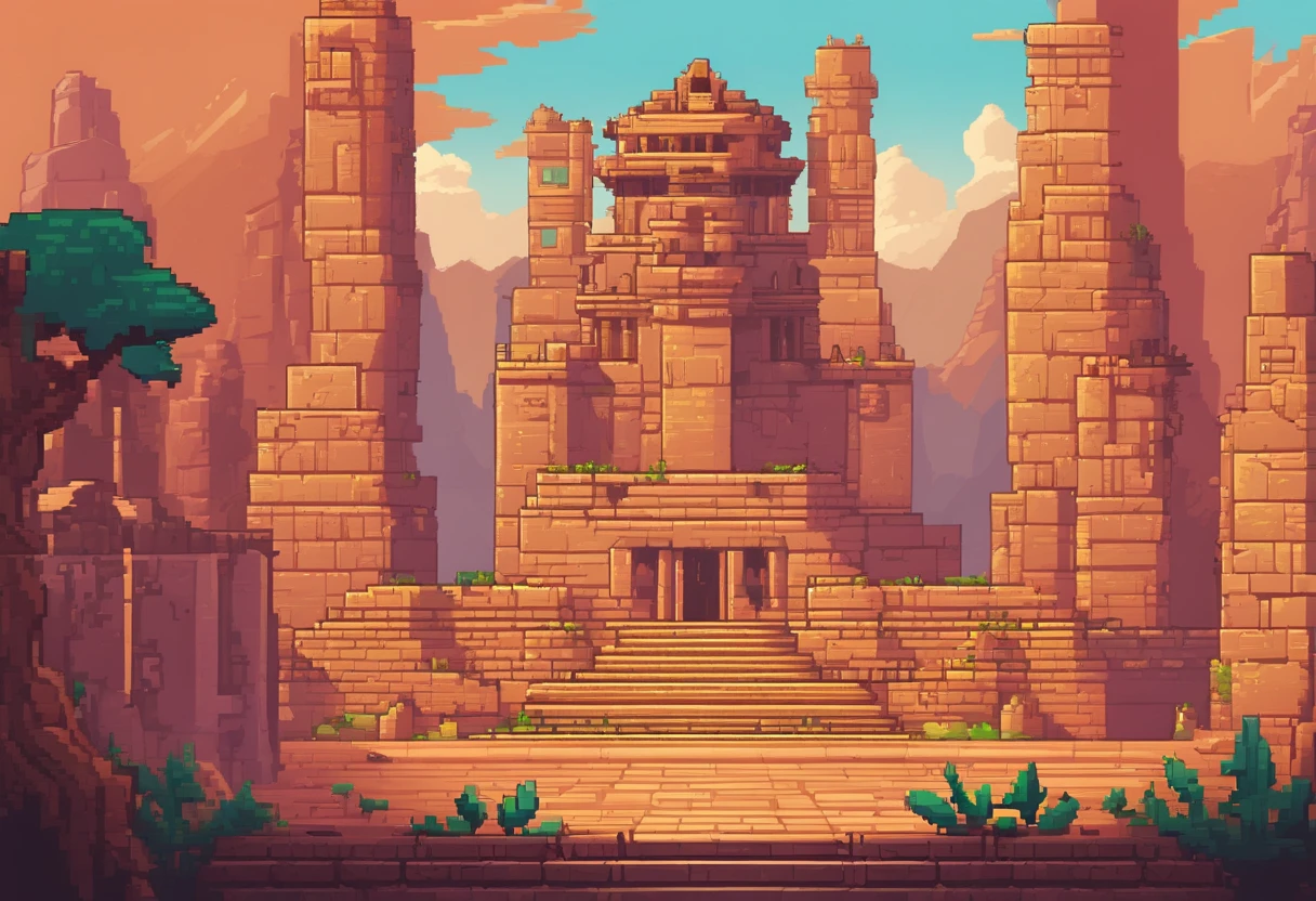 a close up of a video game with a tower and a man, ancient ruins background, neon ancient ruins, detailed game art, city ruins background, background is the ruins, 2 d game art, 2d game art, ultra detailed game art, background art, dungeon background, 2 d game art background, ancient ruins, temple background, detailed pixel artwork, background artwork, Tiny Hieroglyphs