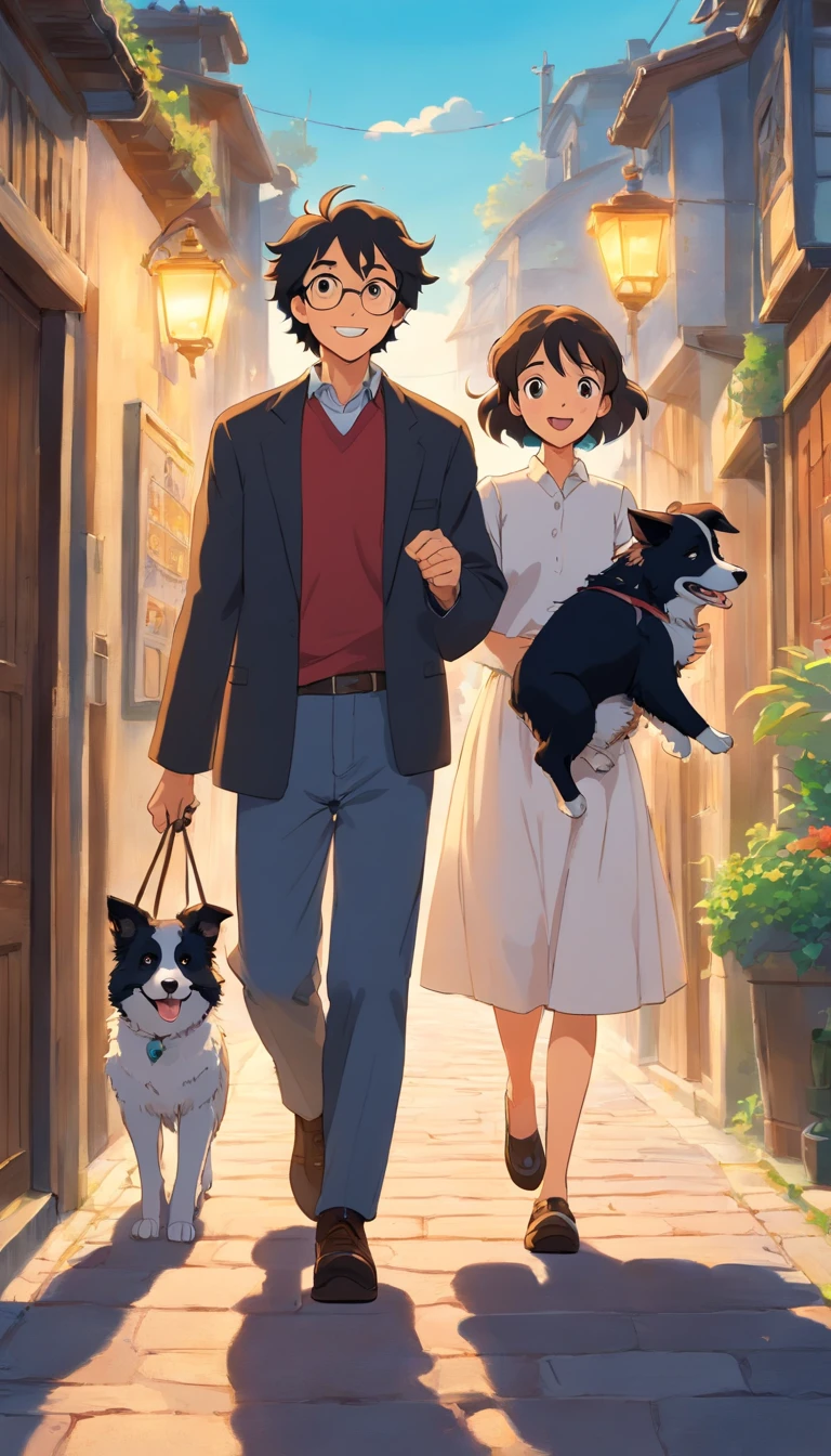 Ana and John are a couple of man and woman. They are strolling down the street happily with their two adult all-black Border Collie puppies. Um dos cachorro tem a ponta do rabo branca. A mulher Ana tem cabelos cacheados castanho. e o homem John tem cabelo preto liso. They're happy