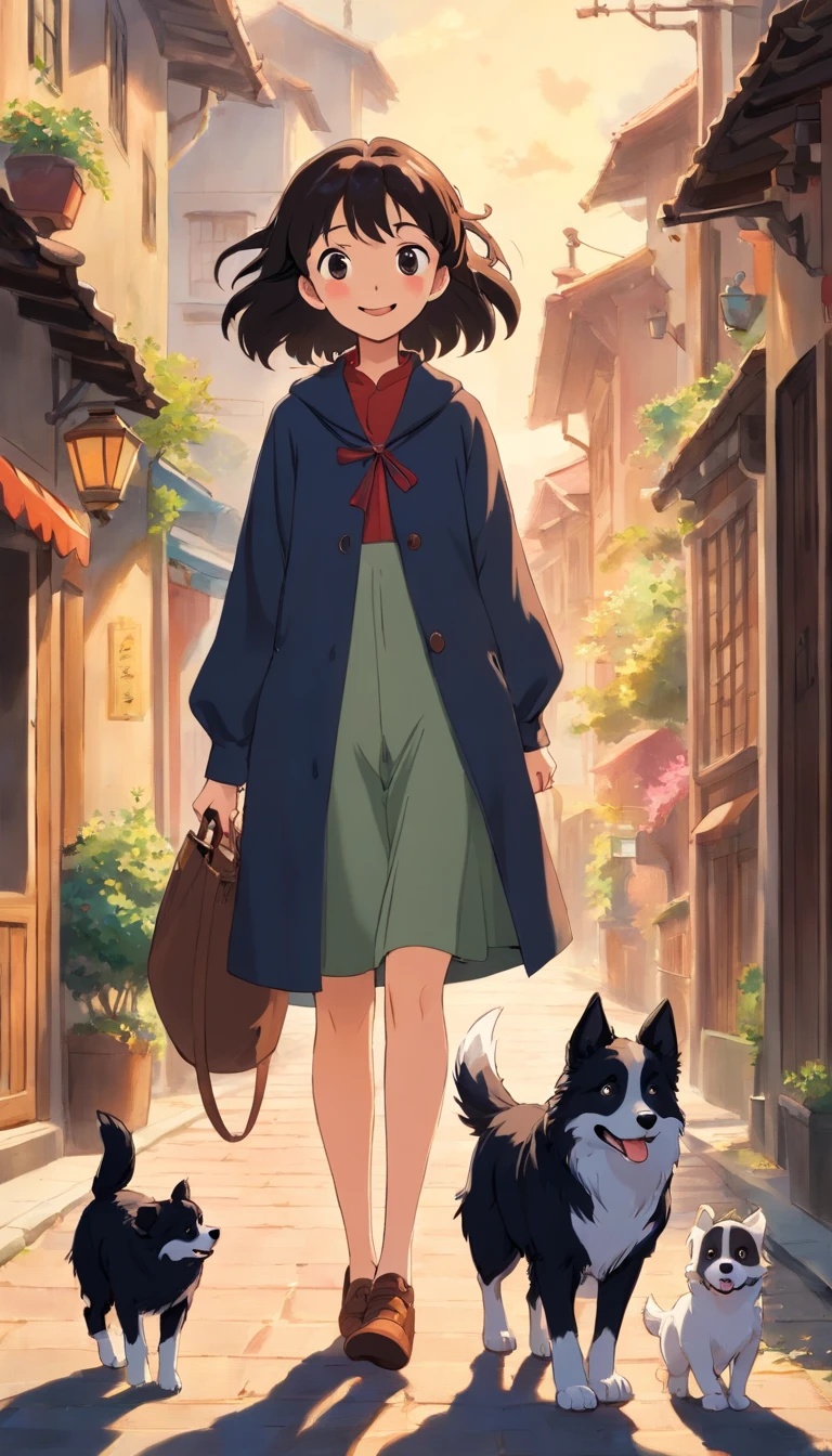Ana and John are a couple of man and woman. They are strolling down the street happily with their two adult all-black Border Collie puppies. Um dos cachorro tem a ponta do rabo branca. A mulher Ana tem cabelos cacheados castanho. e o homem John tem cabelo preto liso. They're happy
