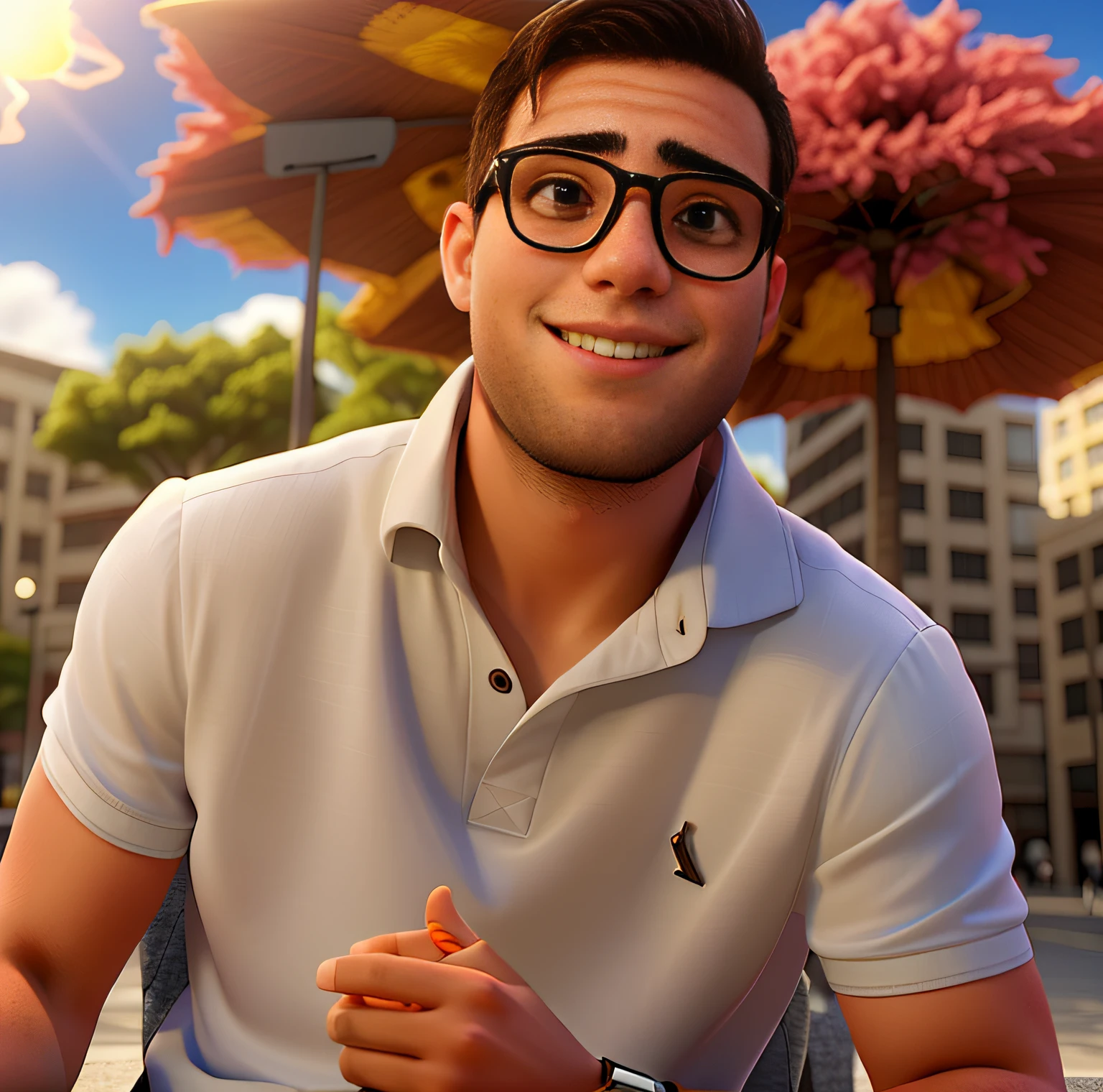 A young man sitting in front of the square, iluminado pela luz do sol, Against the backdrop of a square