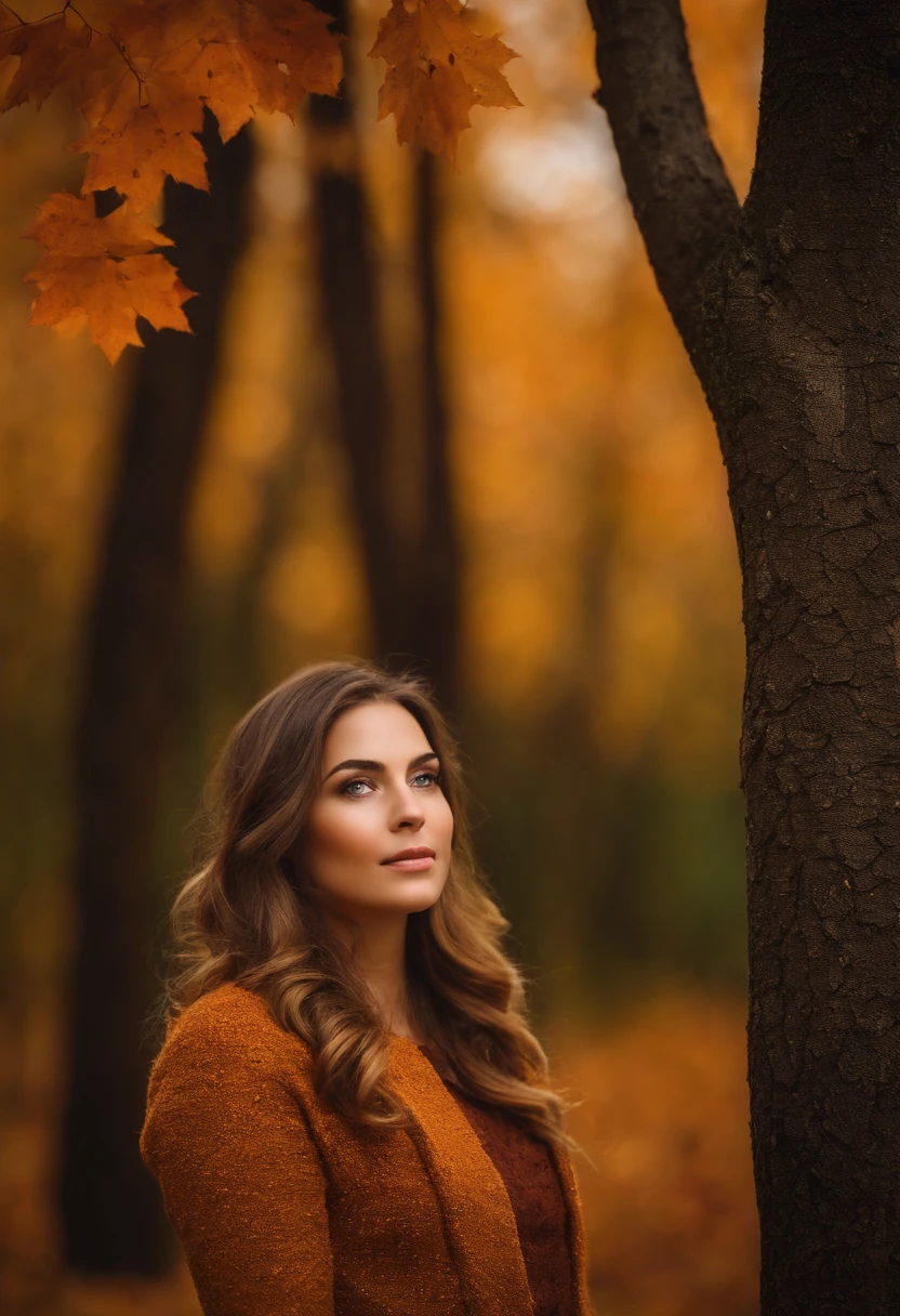 foto retrato mujer joven, muy detallado, intrincado, bosque, autumn, abraza arbol