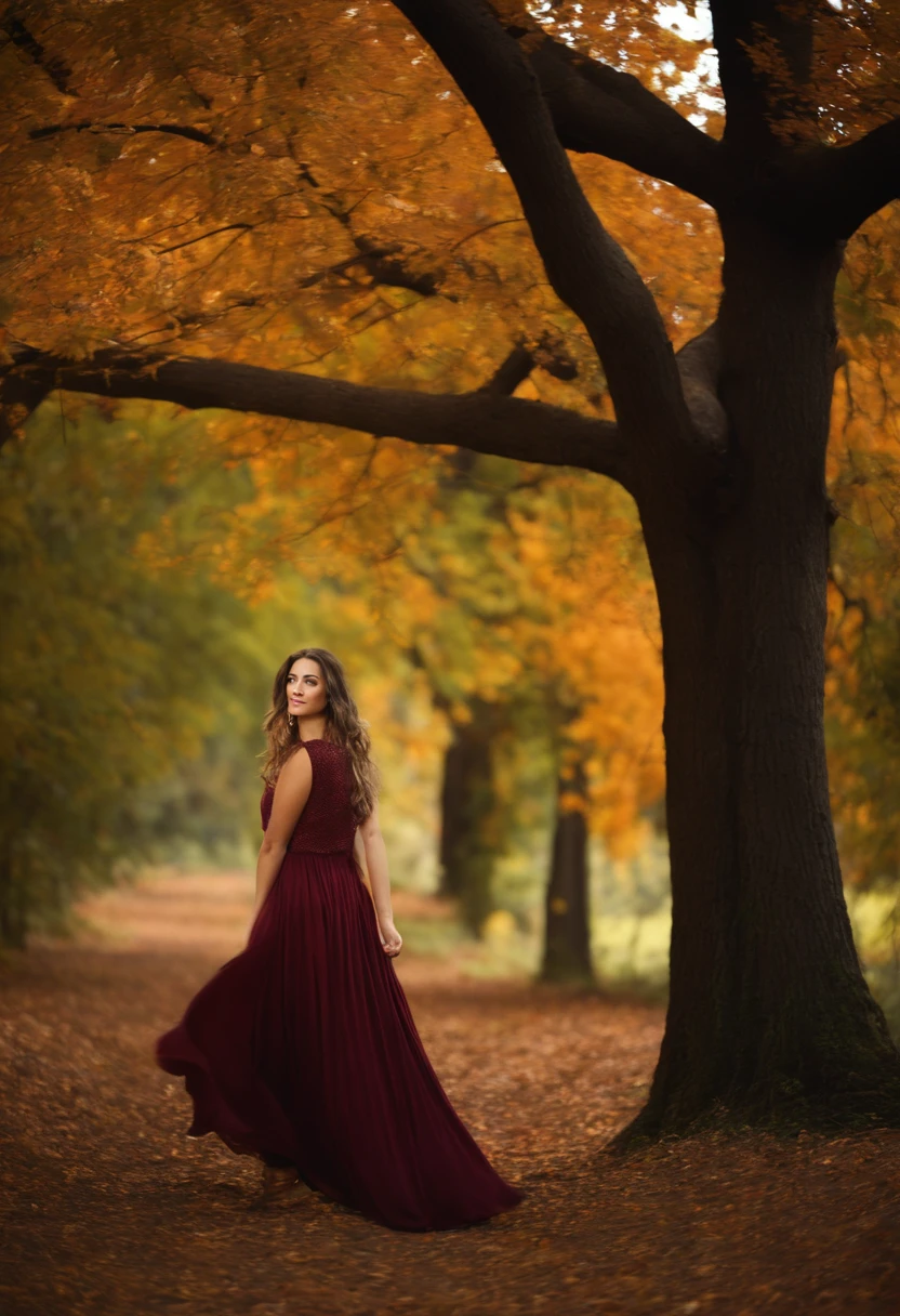 foto retrato mujer joven, muy detallado, intrincado, bosque, autumn, abraza arbol