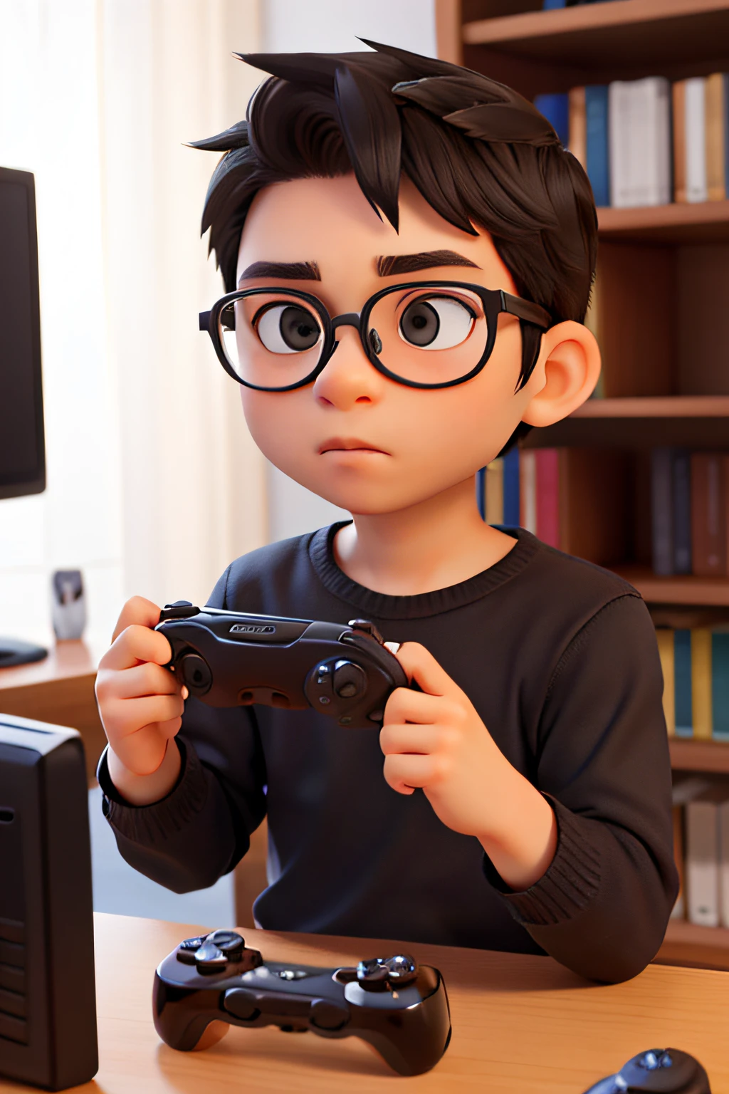 obra-prima, alta qualidade melhor qualidade, 1 garoto, branco, cabelo preto, moletom preto, olhos castanhos escuros, wearing prescription glasses, playing video games.