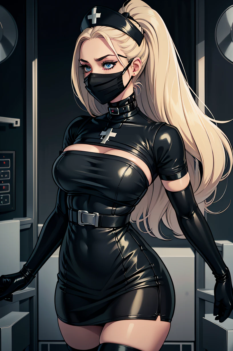 black nurse, 1woman, solo, black nurse cap, black wear, ((black legwear, zettai ryouiki)), black elbow gloves, blonde hair, blue eyes, ((black surgical mask, covered nose)), standing, ((surgery room)), sharp outline, short sleeves, mature female, 35 years old, best quality, masterpiece
