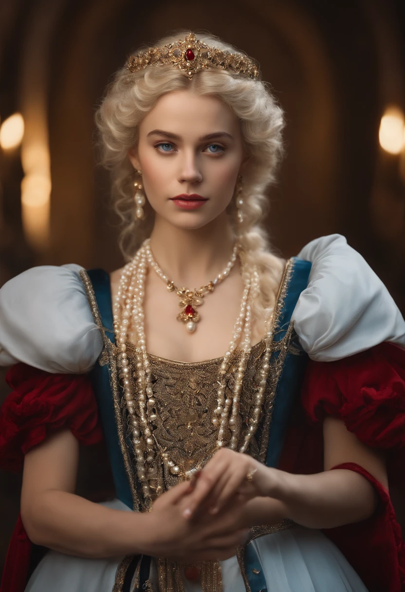 Imagem de um menino Valois, a young French courtesan of the sixteenth century of the fourteenth century, de 16 anos, com sua beleza e charme . Blonde with white hair and beautiful expressive blue curly eyes with small strands and braids. She is dressed in an exquisite black dress with red details with pearls and gold, com um decote mergulhante. Joias finas, colar com muitas perolas e rubis, brincos de perolas e aneis em seus dedos. (melhor qualidade,ultra-realistic:1.2),A high resolution ,ultra-detalhado,