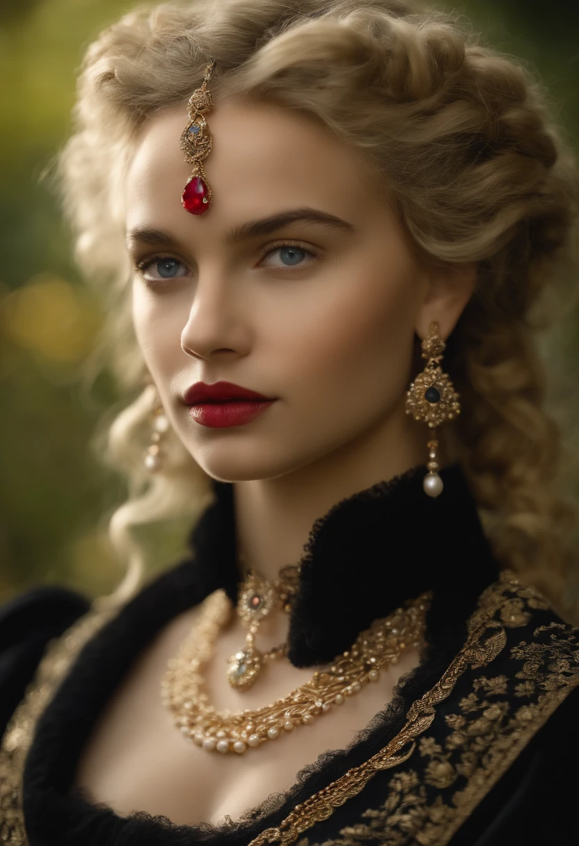 Imagem de um menino Valois, a young French courtesan of the sixteenth century of the fourteenth century, de anos, com sua beleza e charme . Blonde with white hair and beautiful expressive blue curly eyes with small strands and braids. She is dressed in an exquisite black dress with red details with pearls and gold, com um decote mergulhante. Joias finas, colar com muitas perolas e rubis, brincos de perolas e aneis em seus dedos. (melhor qualidade,ultra-realistic:1.2),A high resolution ,ultra-detalhado,