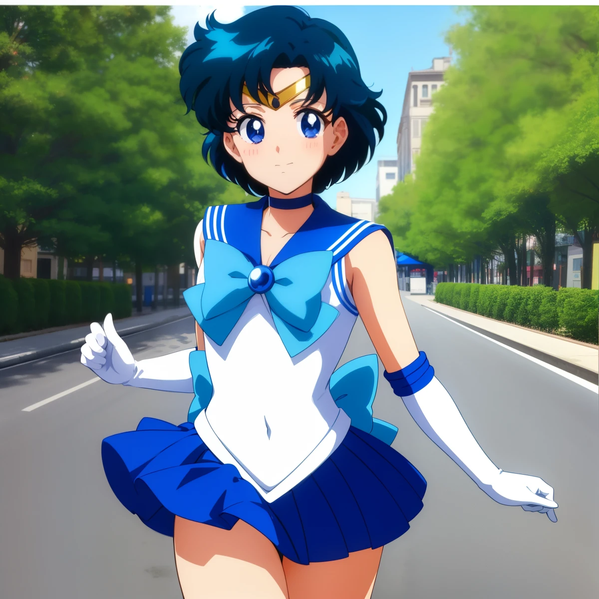 top-quality、masterpiece、Anime Boy、Handsome boy、 boys、Ami Mizuno、gender change、Sailor Mercury、gender change(Girls to boys)、Sailor Senshi Uniform、solo、Blue choker、white glove、elbowgloves、Blue sailor collar、Sky blue bow tie、skirt、Blue-eyed boy、Very short silver-haired boy、耳Nipple Ring、jewelry、bow、White leotard、highleg leotard、robe blanche、rating:safe、a miniskirt、pleatedskirt、closed_mouth、a blue skirt、photo_background、A boy is standing on the road、tree、ass_visible_through_thighs、looking_at_viewer、blue_bow、sky blue_bow、thigh_gap、collarbone、Magical Boy、bangs、outdoors、cowboy_shot、city、building、watermark、circlet、covered_navel、shiny、photo、rating:questionable、shiny_hair、Bare shoulders、bare legs、(1990's\(styles\):0.9)、Hymns to the King as a Prince, cel shaded anime,