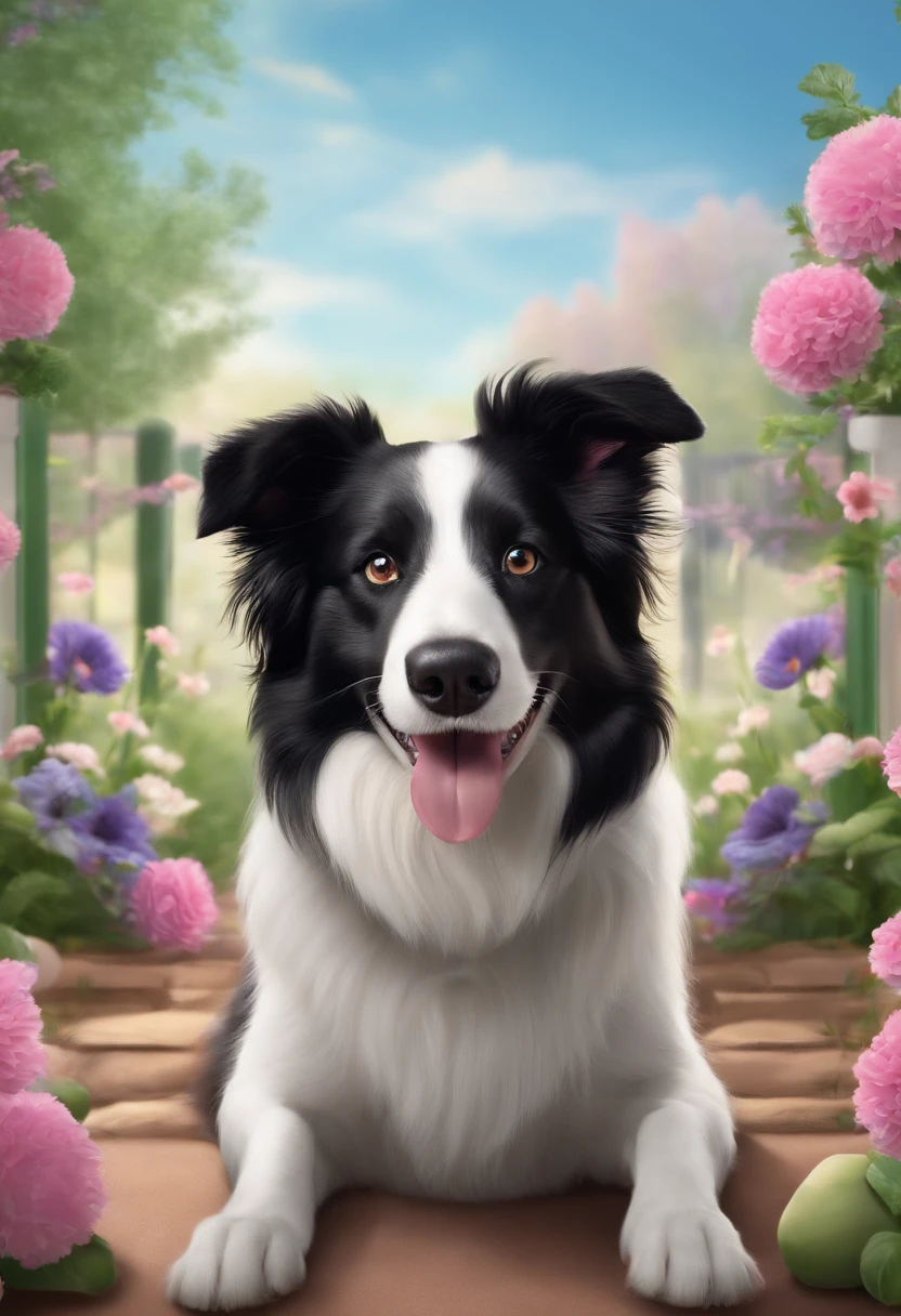 Criar um personagem pixar de um cachorro border collie na pelagem cinza com branco, Wearing glasses with black frames and with a pink tongue sticking out. Pixar scenery with other dogs in the background playing in a dog daycare. High quality image in dimension of 1:1