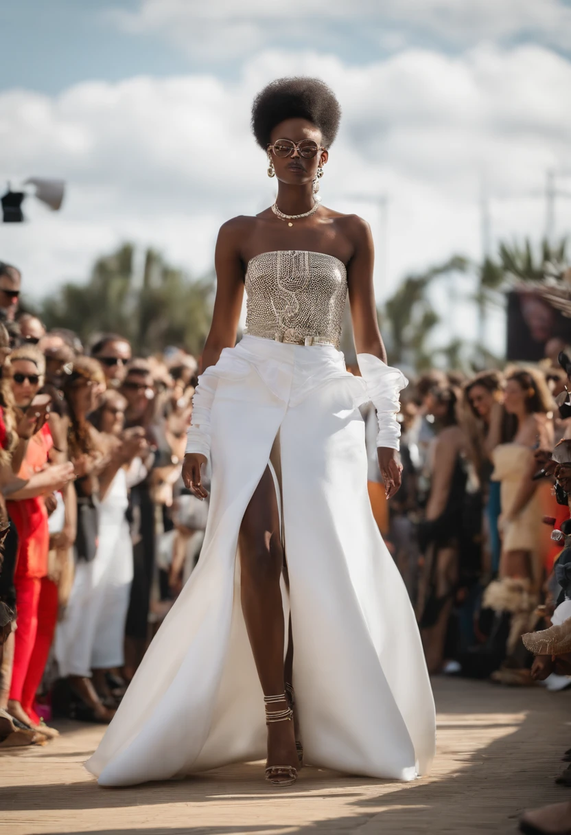 Araffe dressed in white walking down a catwalk with a crowd of people, a portrait by Andrée Ruellan, Unsplash, afrofuturismo, desfile brutalista, na pista, afropunk, passarela de desfile de moda, desfile futurista, figurino premiado, estilo afrofuturismoo, pista, Foto da passarela, Caminhando pela passarela, foto do desfile de moda