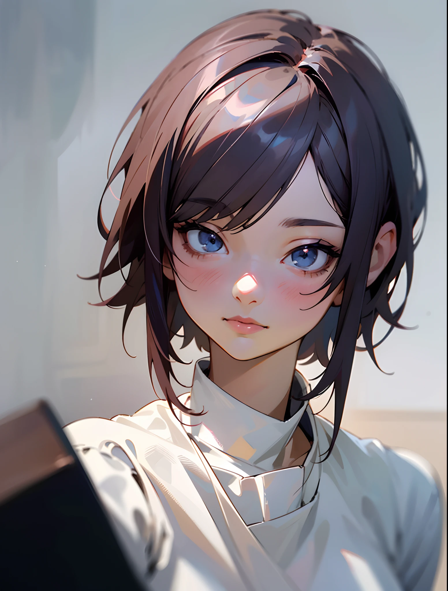 a girl with a short hair and a white shirt is looking at the camera, stunning anime face portrait, kawaii realistic portrait, realistic anime 3 d style, realistic young anime girl, anime realism style, photorealistic anime, beautiful anime face, hyper realistic anime, realistic anime artstyle, realistic anime face, detailed portrait of anime girl, anime realism, cute natural anime face