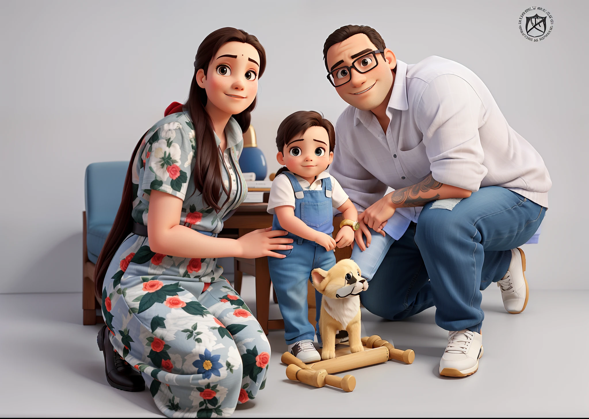 family photo, mulher branca vestido florido, Baby Boy Sitting on Wooden Horse and White Man in Disney Pixar Style, alta qualidade, melhor qualidade.