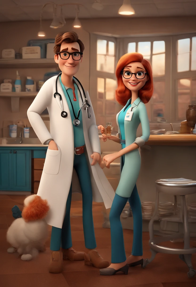create a 3D movie poster inspired by Disney Pixar, The scene should be in Pixar's signature digital art style, com uma imagem caricata de uma mulher branca, magra, com cabelos loiro cacheados, porte grande , cor loiro, Wearing a lab coat at the doctor's office, with red glasses
